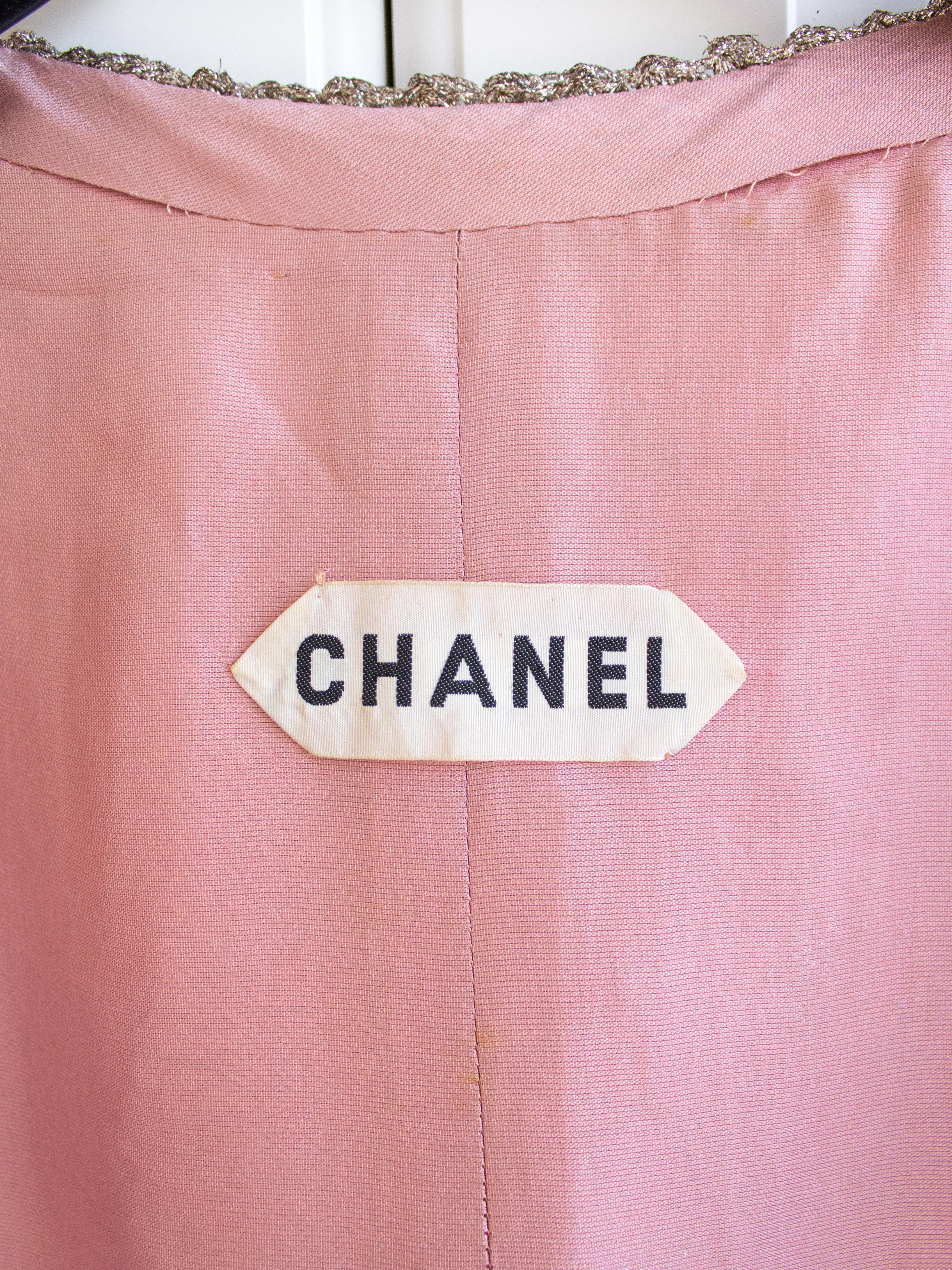 Chanel Vintage Haute Couture 1960s Pink Silver Braided Brocade Jacket Skirt Suit 8