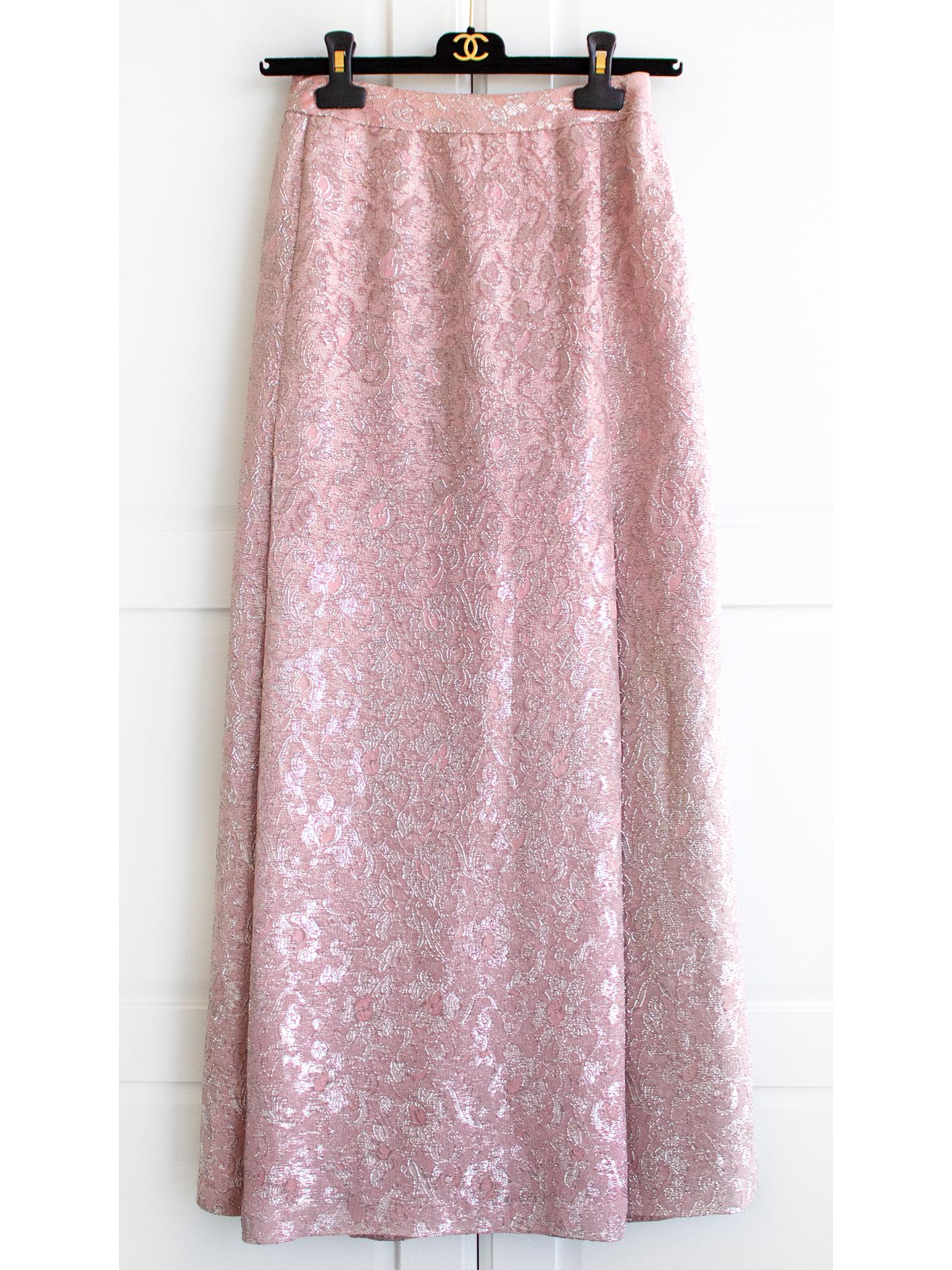 Chanel Vintage Haute Couture 1960s Pink Silver Braided Brocade Jacket Skirt Suit 14