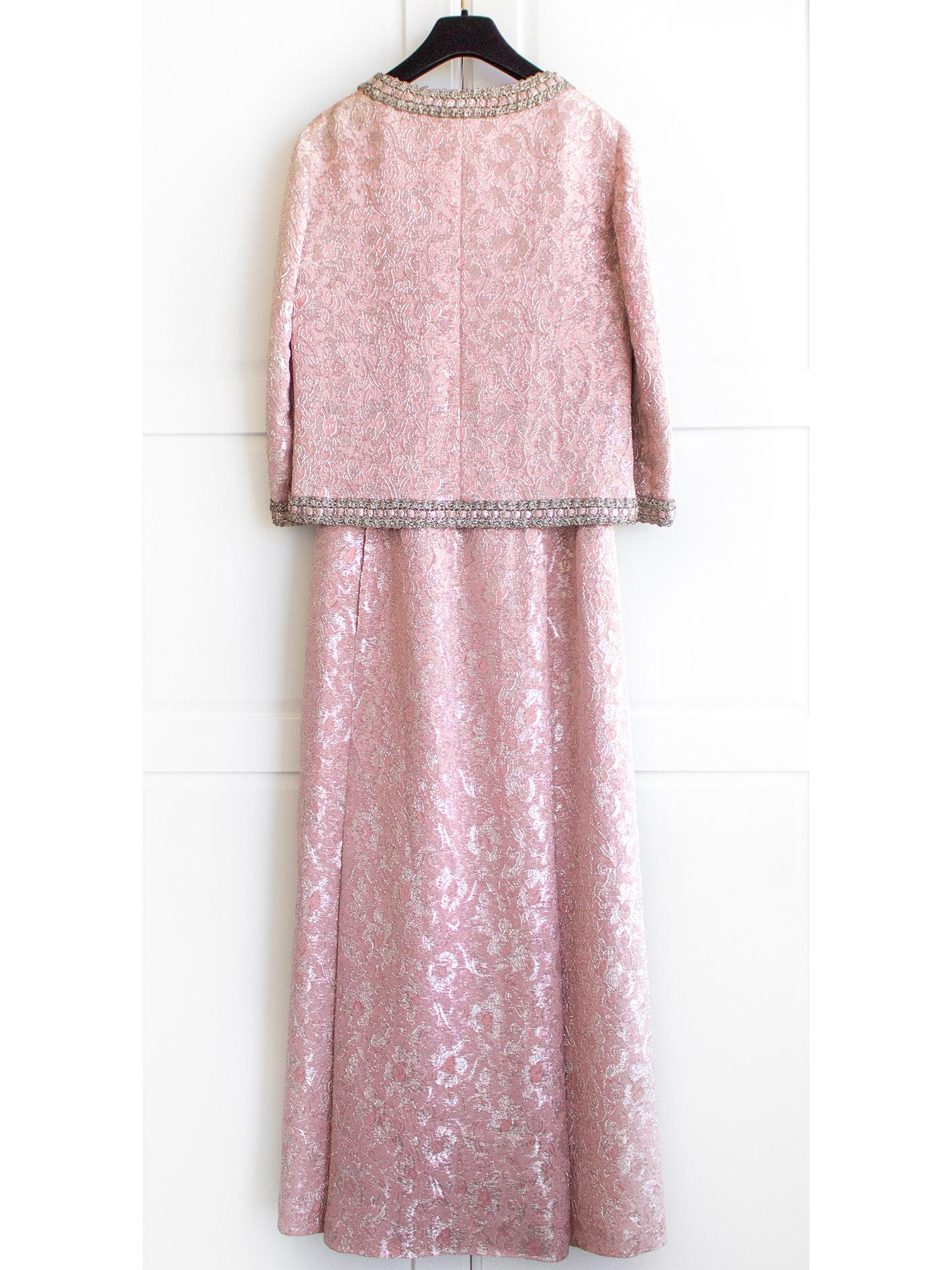 Women's Chanel Vintage Haute Couture 1960s Pink Silver Braided Brocade Jacket Skirt Suit