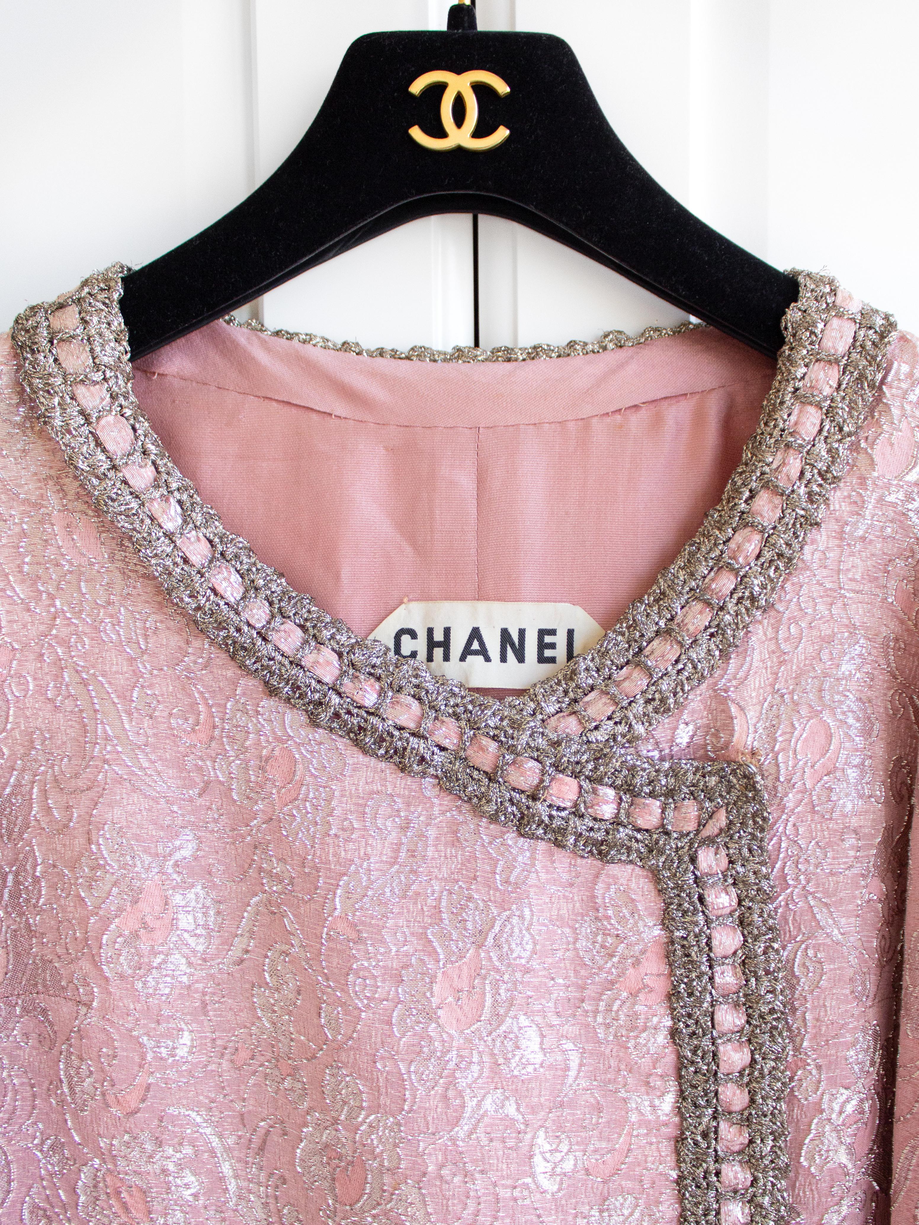 Chanel Vintage Haute Couture 1960s Pink Silver Braided Brocade Jacket Skirt Suit 2