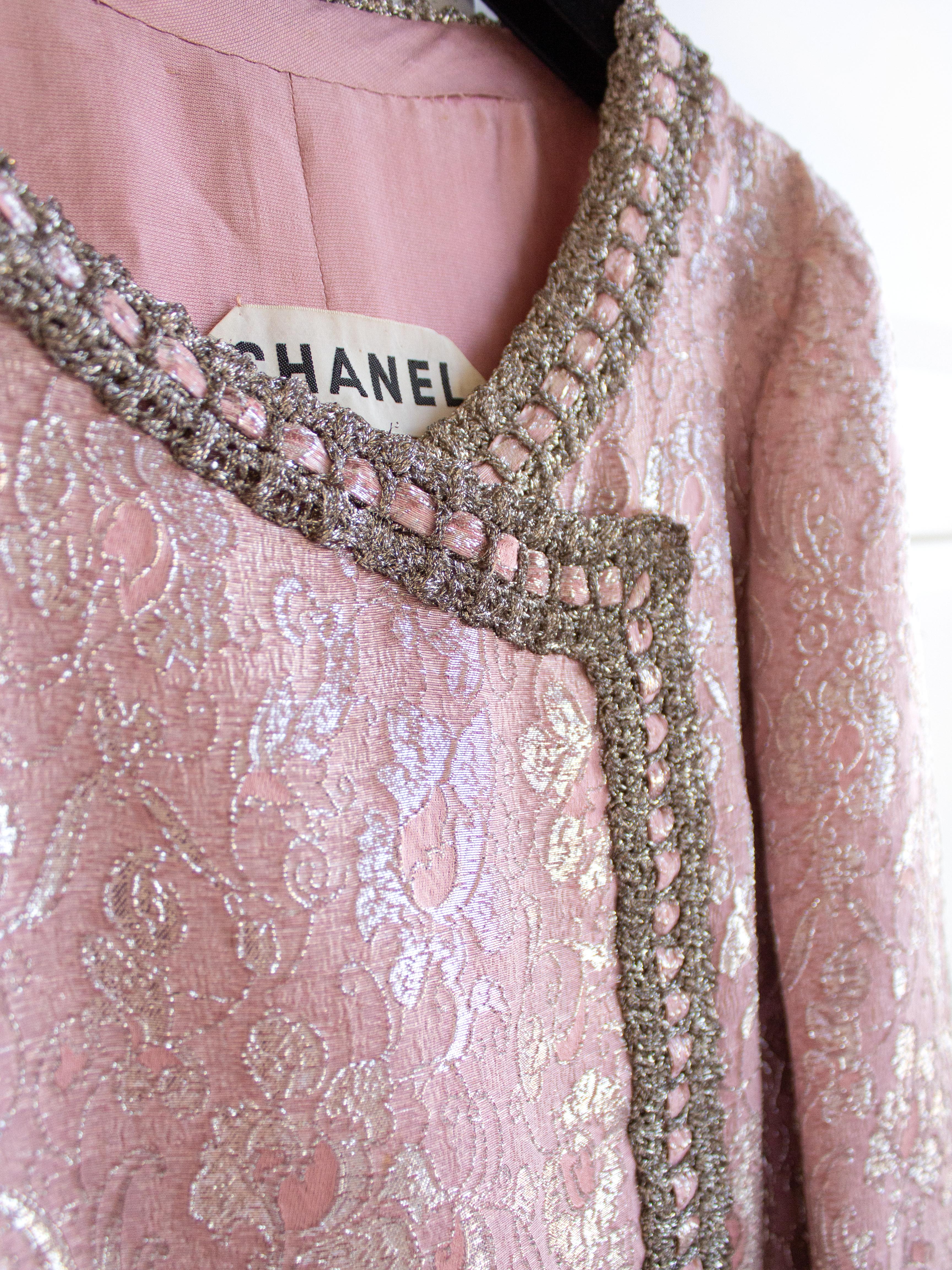 Chanel Vintage Haute Couture 1960s Pink Silver Braided Brocade Jacket Skirt Suit 5