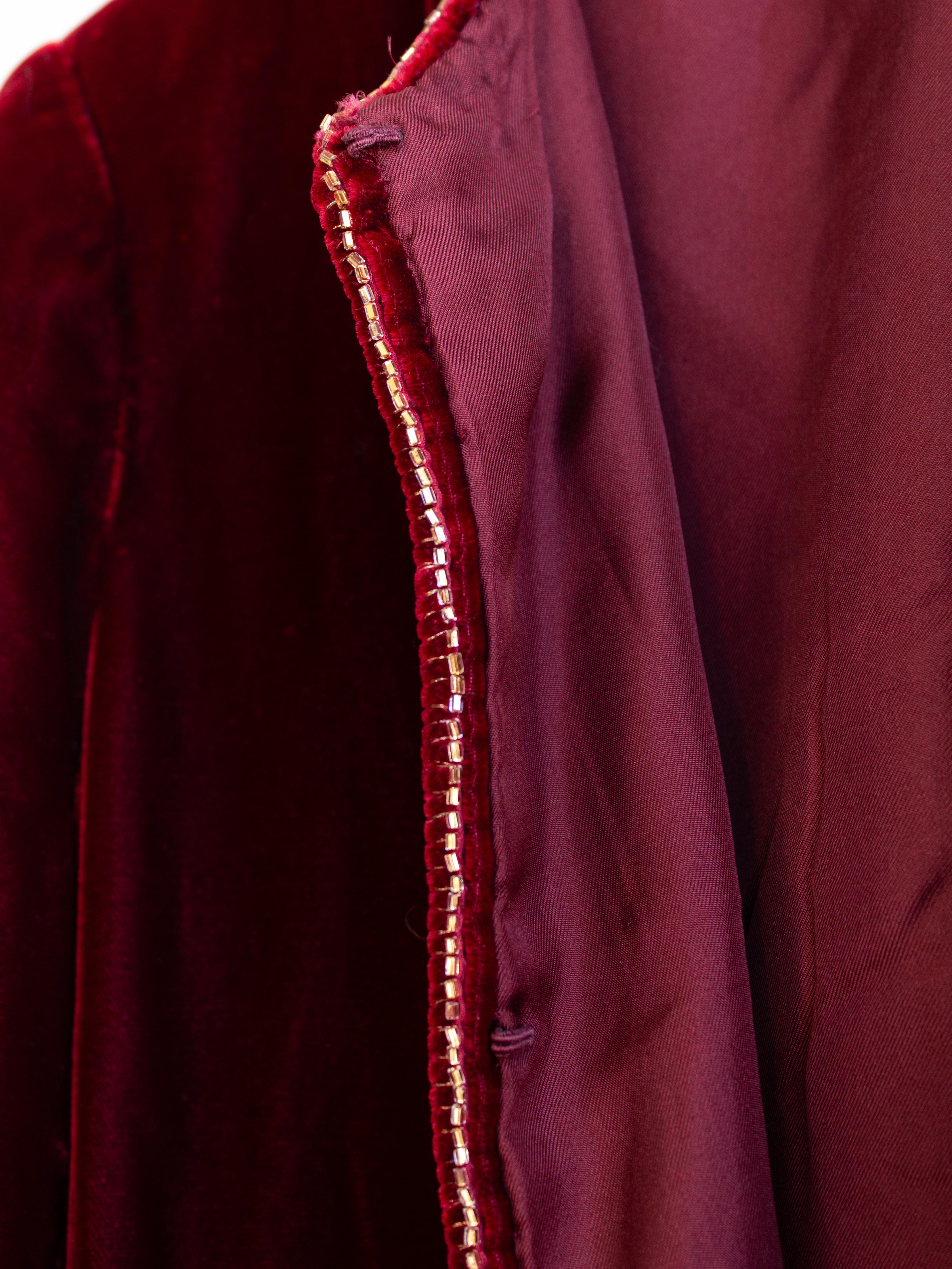 Chanel Vintage Haute Couture 1970s Burgundy Red Velvet Embellished Jacket For Sale 8