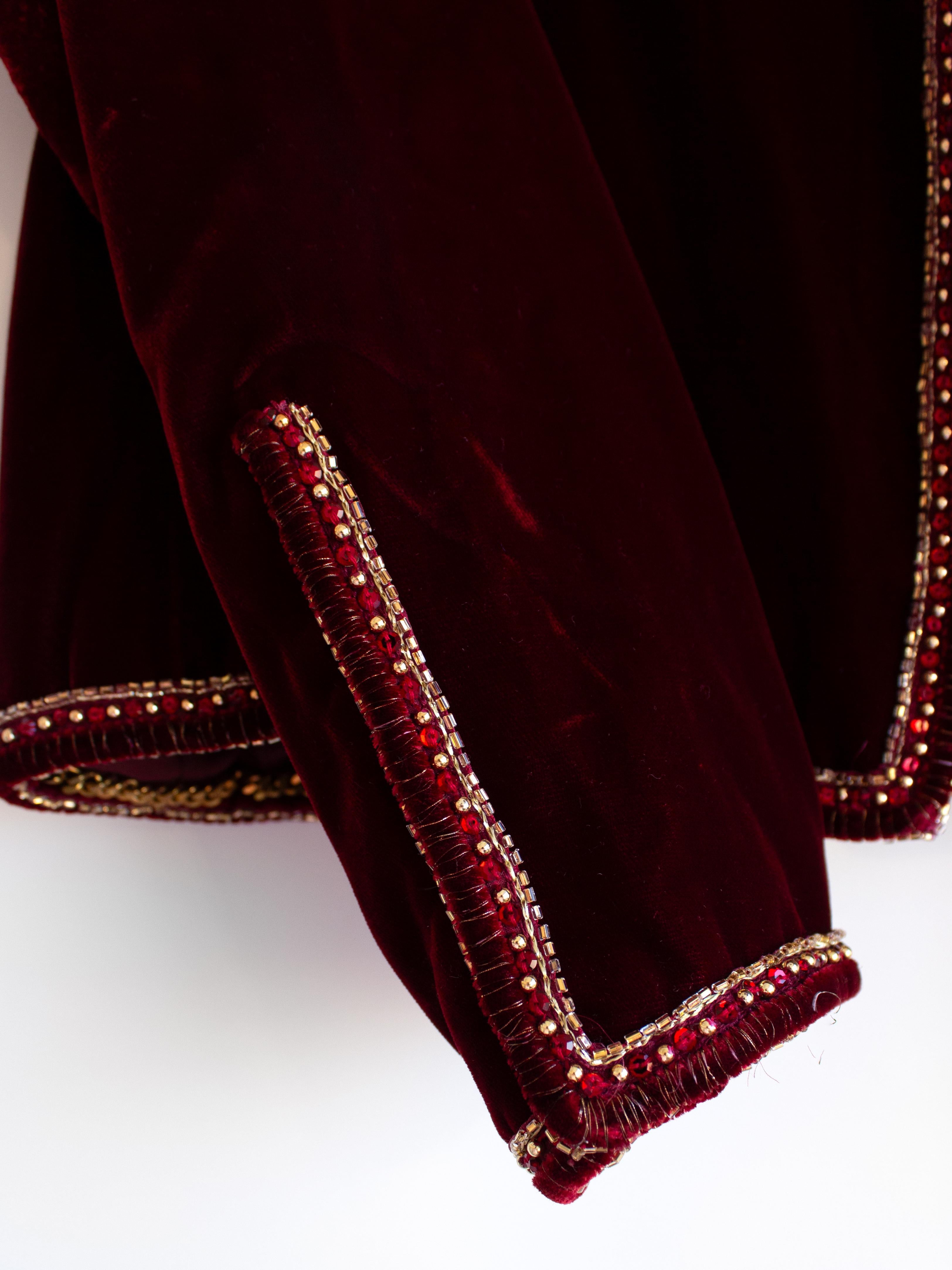 Chanel Vintage Haute Couture 1970s Burgundy Red Velvet Embellished Jacket For Sale 1