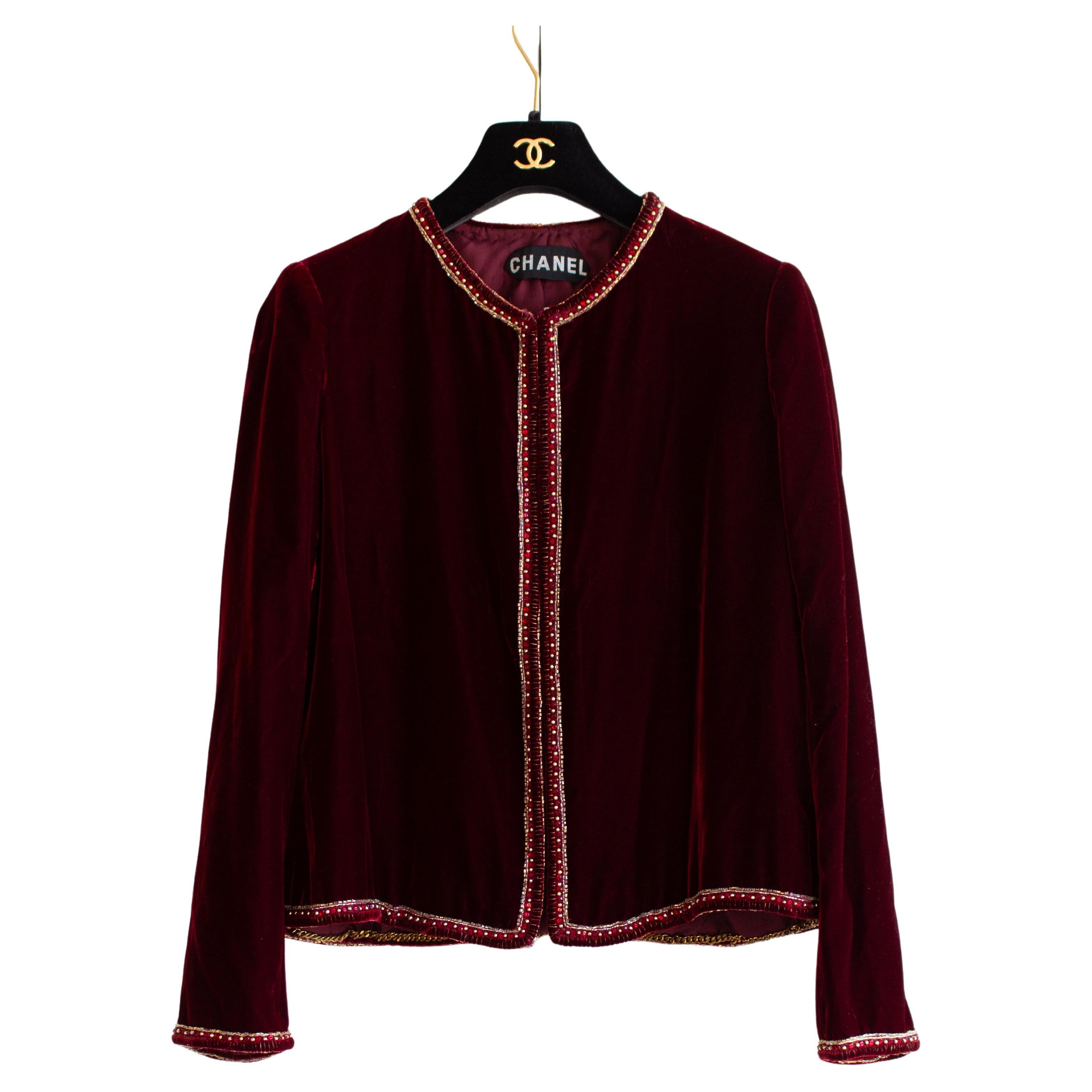 Chanel Vintage Haute Couture 1970s Burgundy Red Velvet Embellished Jacket For Sale