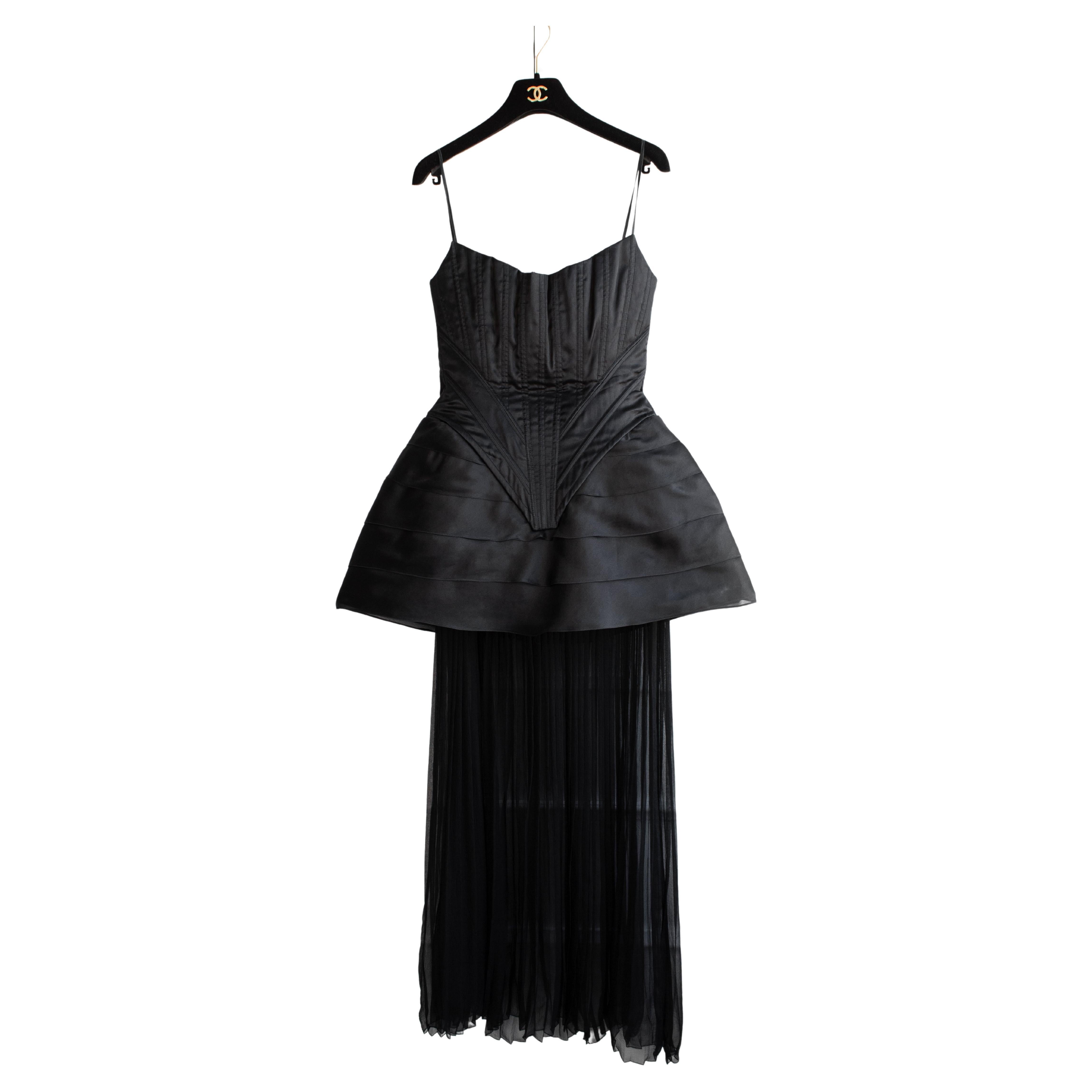 Chanel Vintage Haute Couture Fall/Winter 1992 Black Satin Corset Gown Dress For Sale