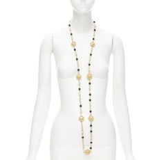 CHANEL Vintage Haute Couture Goosens Lion head black faux pearl sautoir neckace