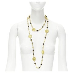 CHANEL Vintage Haute Couture Goosens Lion head black faux pearl sautoir neckace