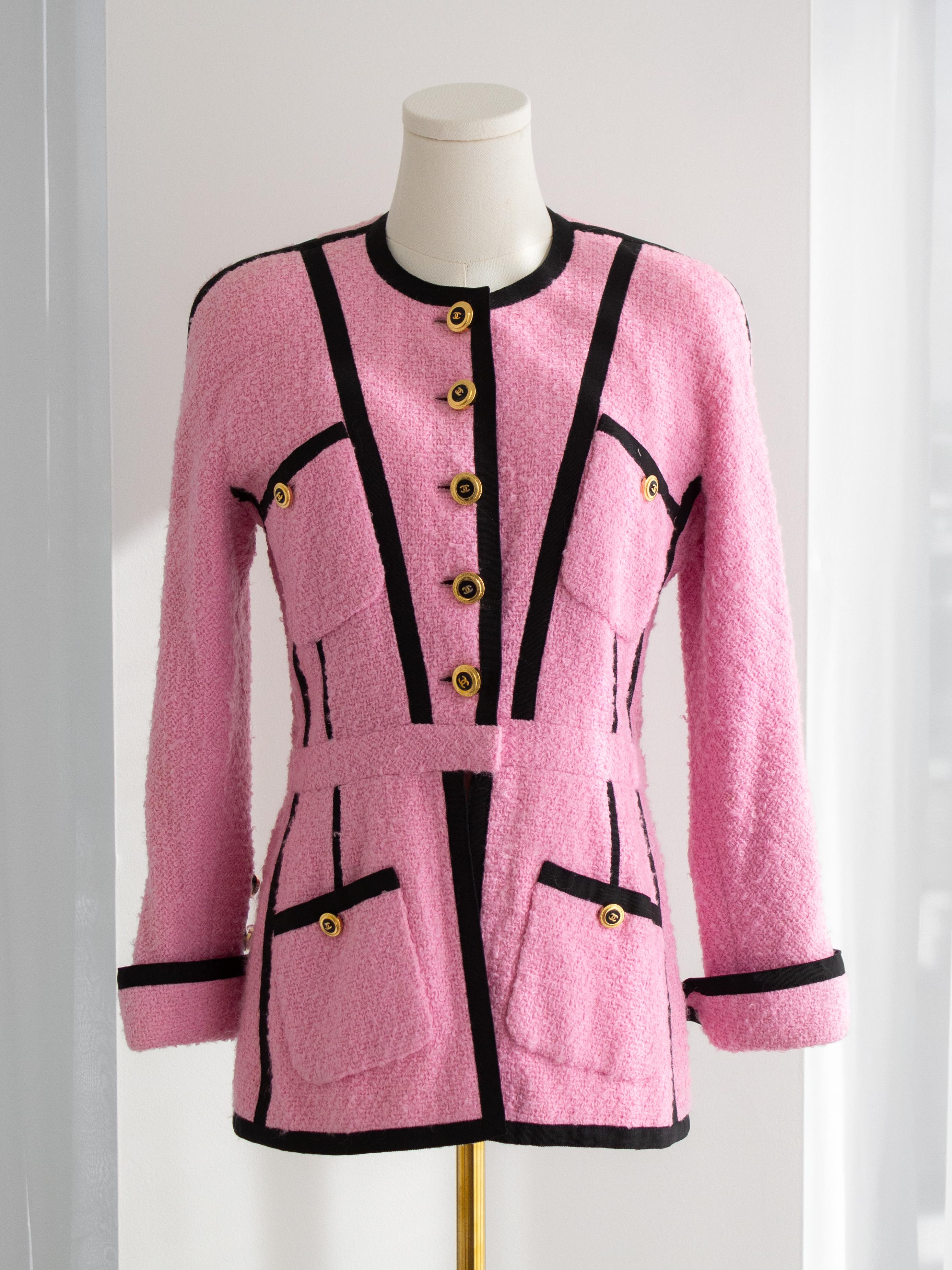 Chanel Vintage Haute Couture S/S 1991 Pink Black Tweed CC Jacket In Good Condition In Jersey City, NJ