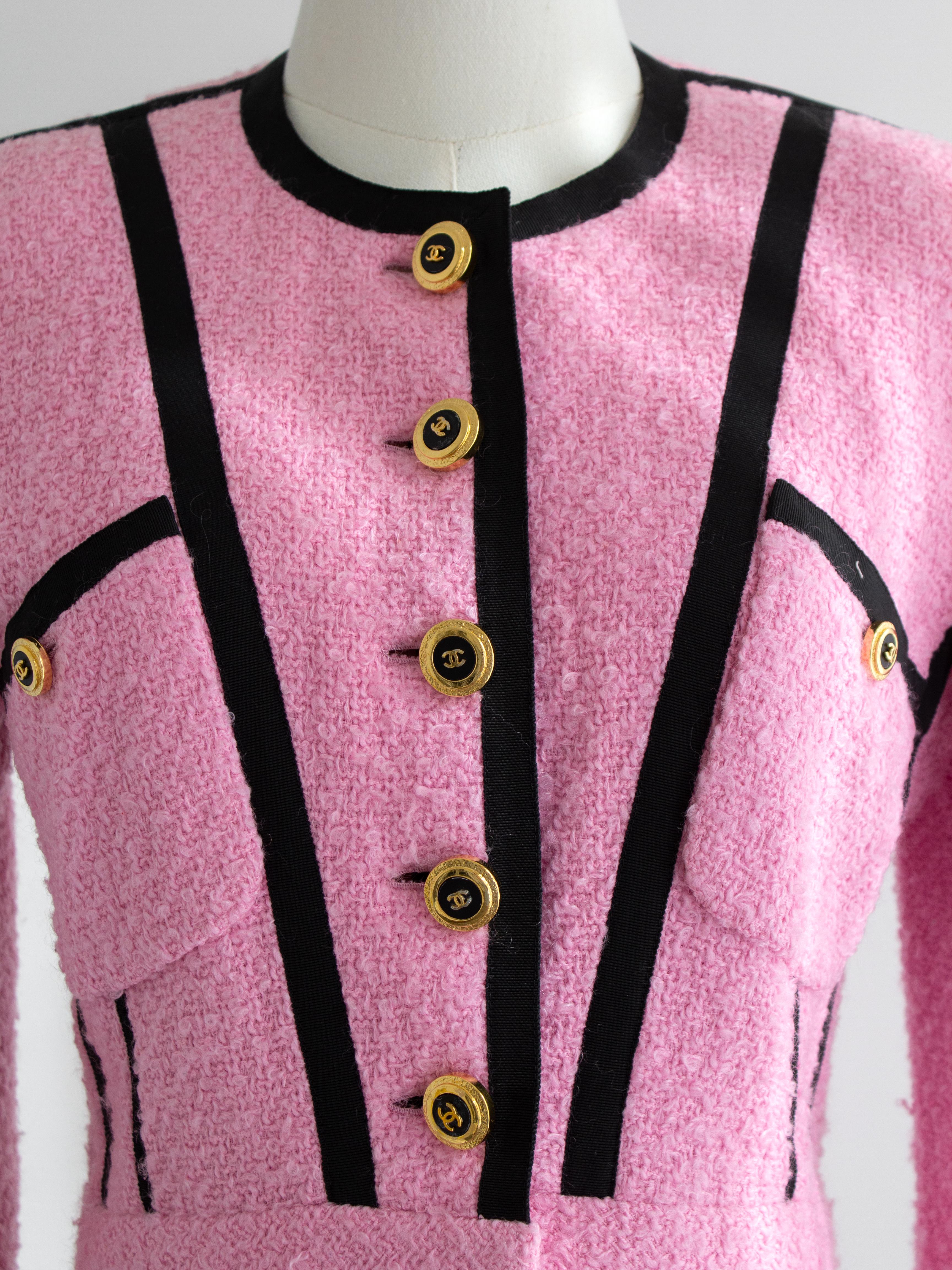 Women's Chanel Vintage Haute Couture S/S 1991 Pink Black Tweed CC Jacket