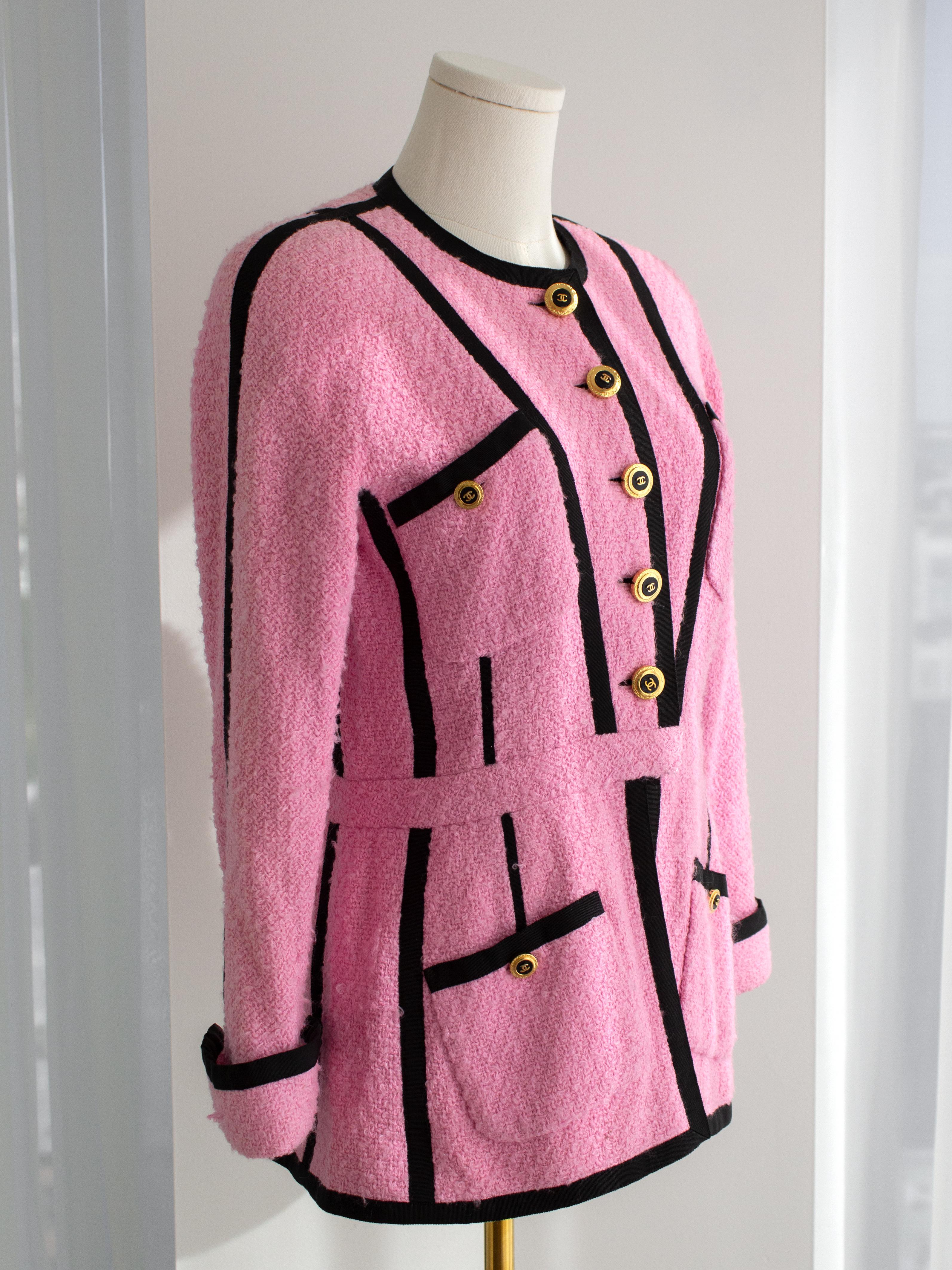 Chanel Vintage Haute Couture S/S 1991 Pink Black Tweed CC Jacket 1