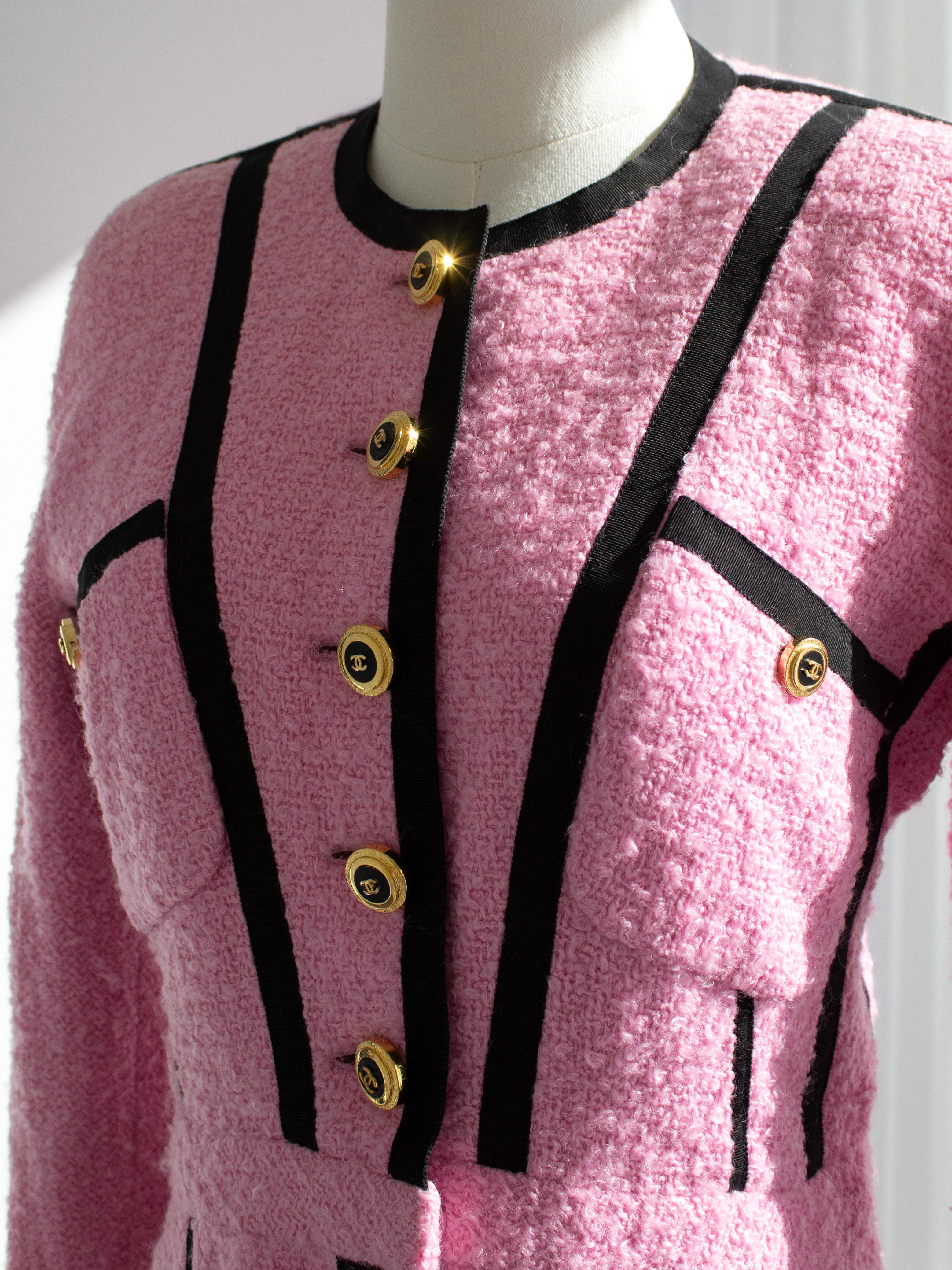 Chanel Vintage Haute Couture S/S 1991 Pink Black Tweed CC Jacket 4
