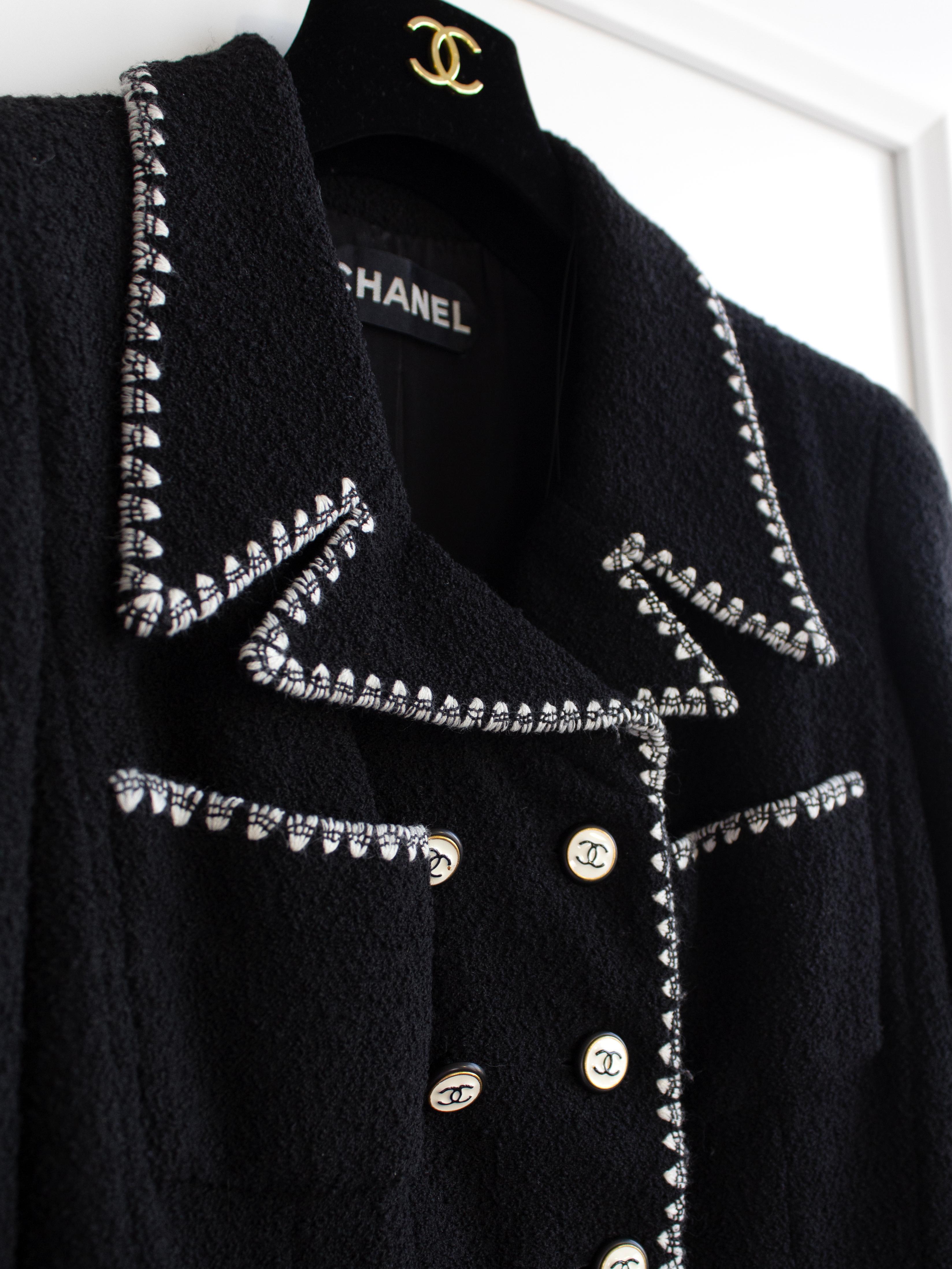 Chanel Vintage Haute Couture F/S 1995 Schwarz Weiß CC Tweed Jacke Rock Anzug 6