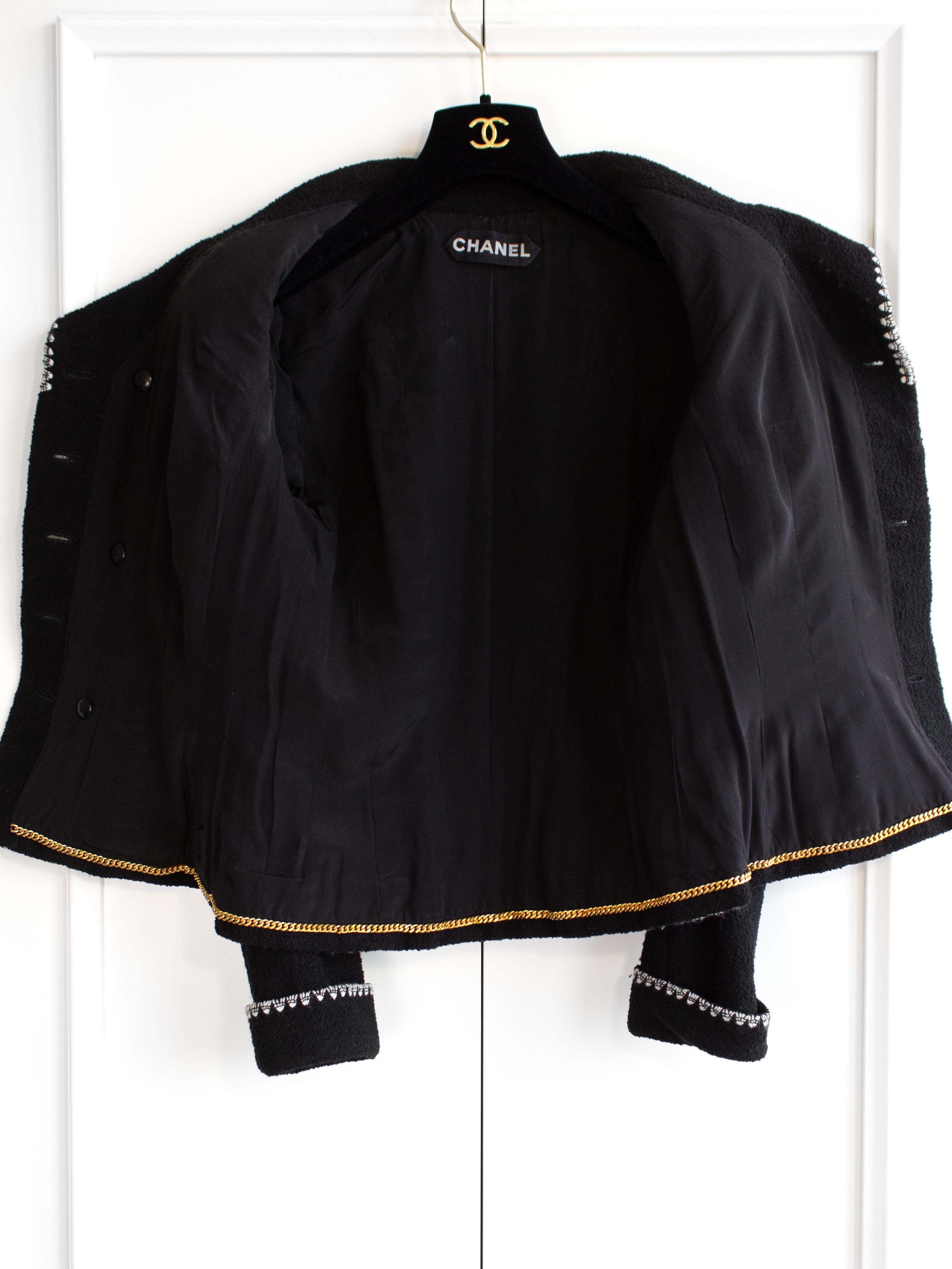 Chanel Vintage Haute Couture S/S 1995 Black White CC Tweed Jacket Skirt Suit 12