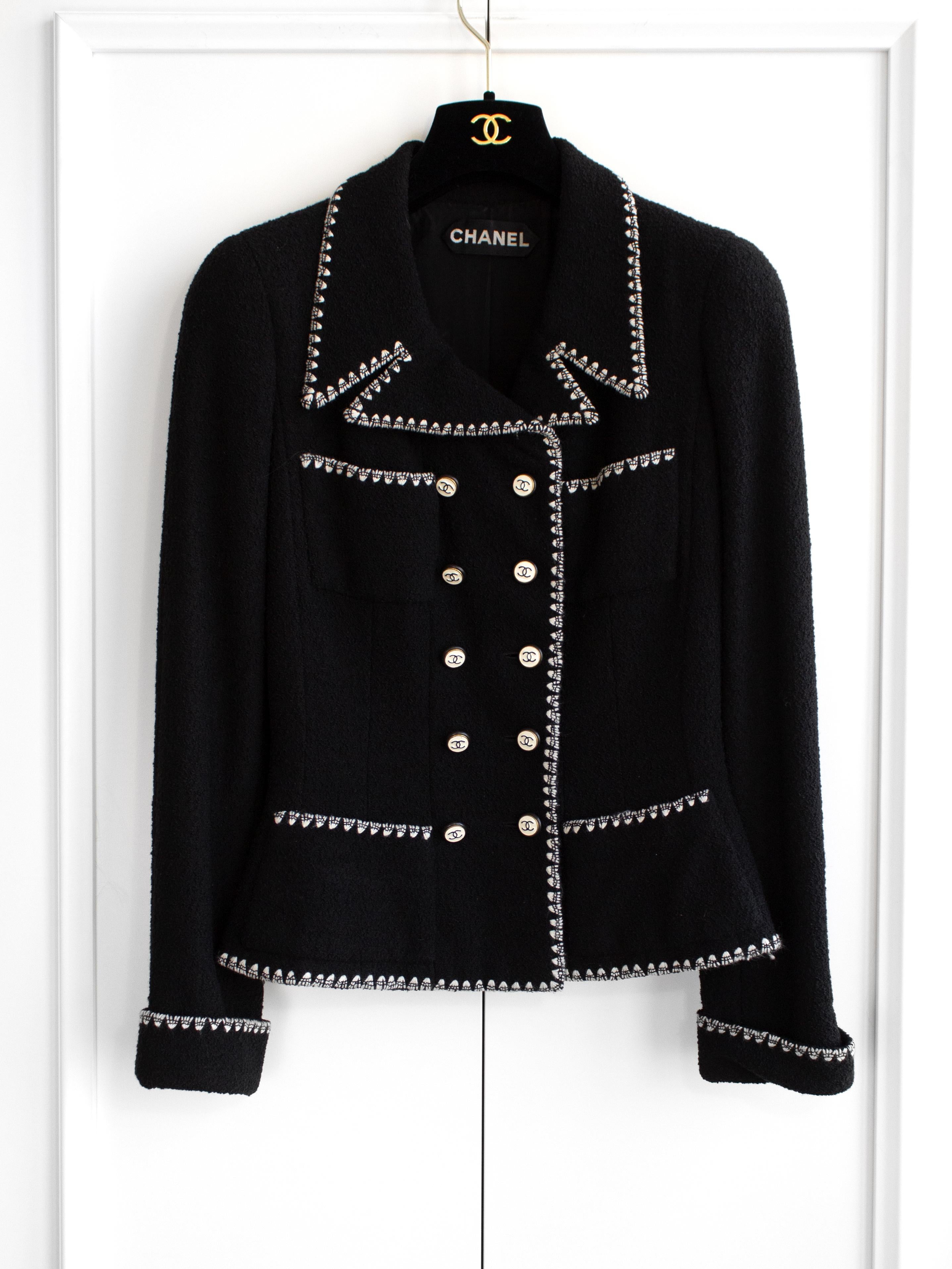 Chanel Vintage Haute Couture F/S 1995 Schwarz Weiß CC Tweed Jacke Rock Anzug 4