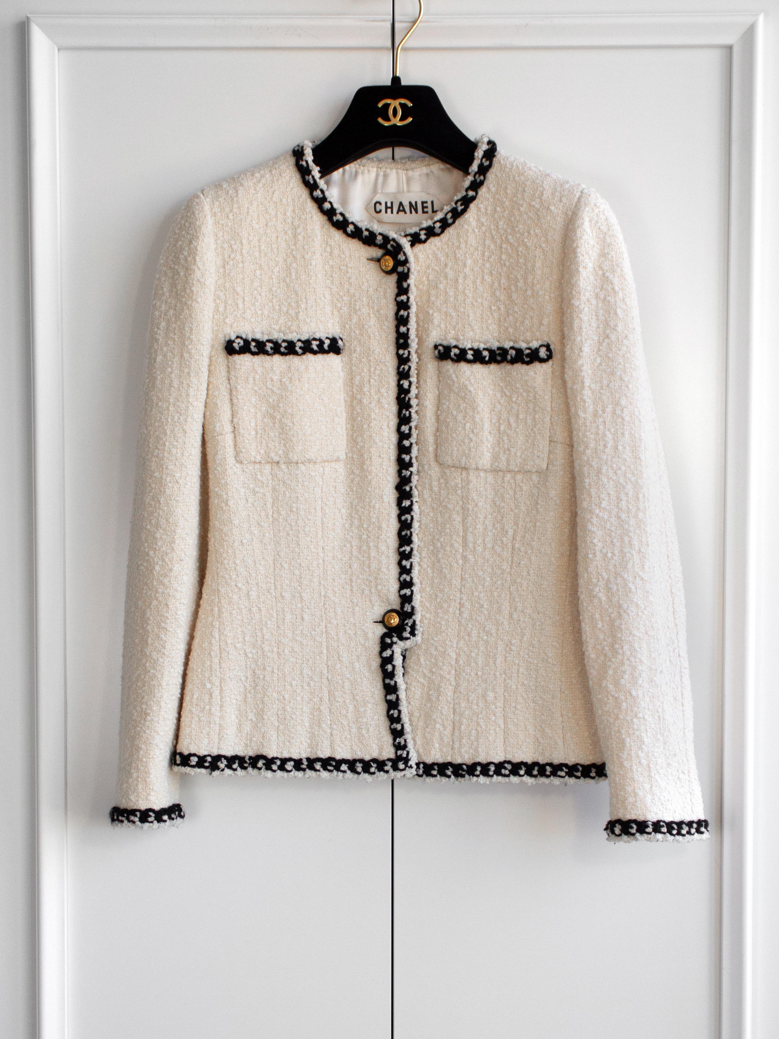 Chanel Vintage Haute Couture Frühjahr/Sommer 1995 Ecru Weiß Schwarz Tweed Jacke 5