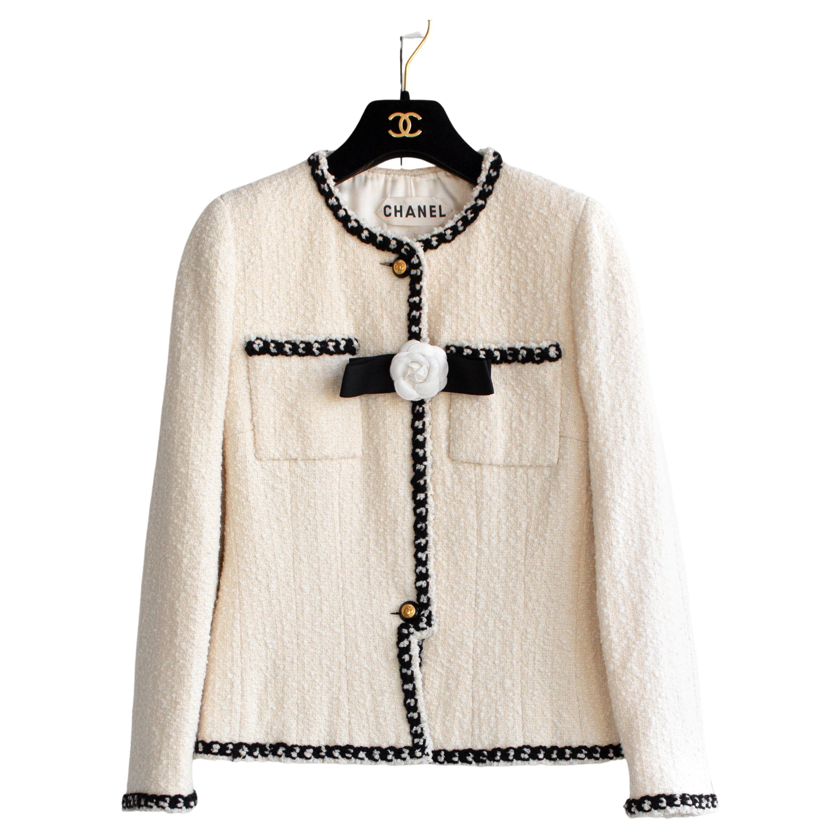 Chanel Vintage Haute Couture Frühjahr/Sommer 1995 Ecru Weiß Schwarz Tweed Jacke