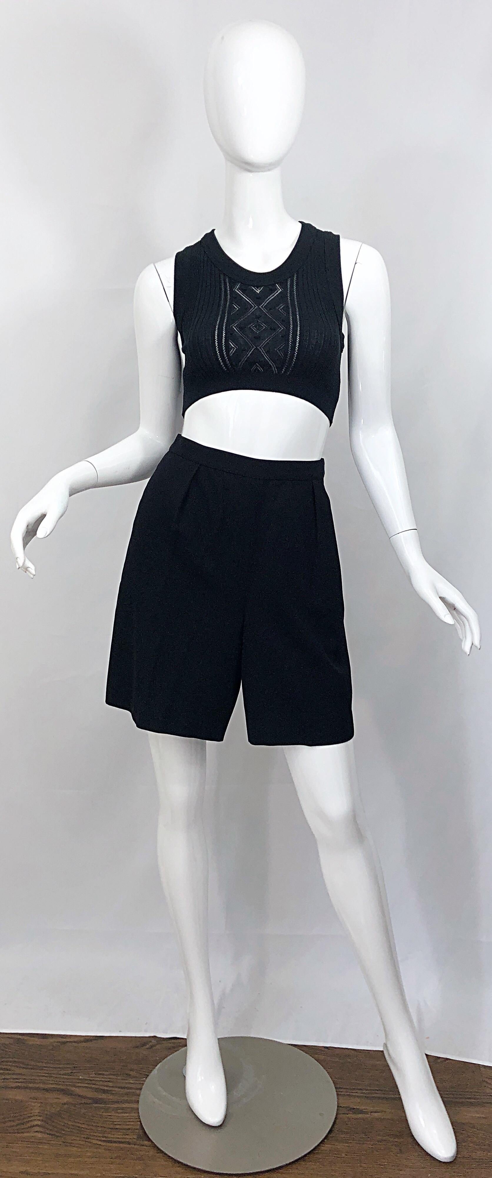 Stylish vintage late 80s CHANEL high waist black wool pleated shorts! Features a high waist with forgiving wide legs. Perfect length that can easily be dressed up or down. Side button closure. Karl Lagerfeld cleverly placed one hidden pocket at