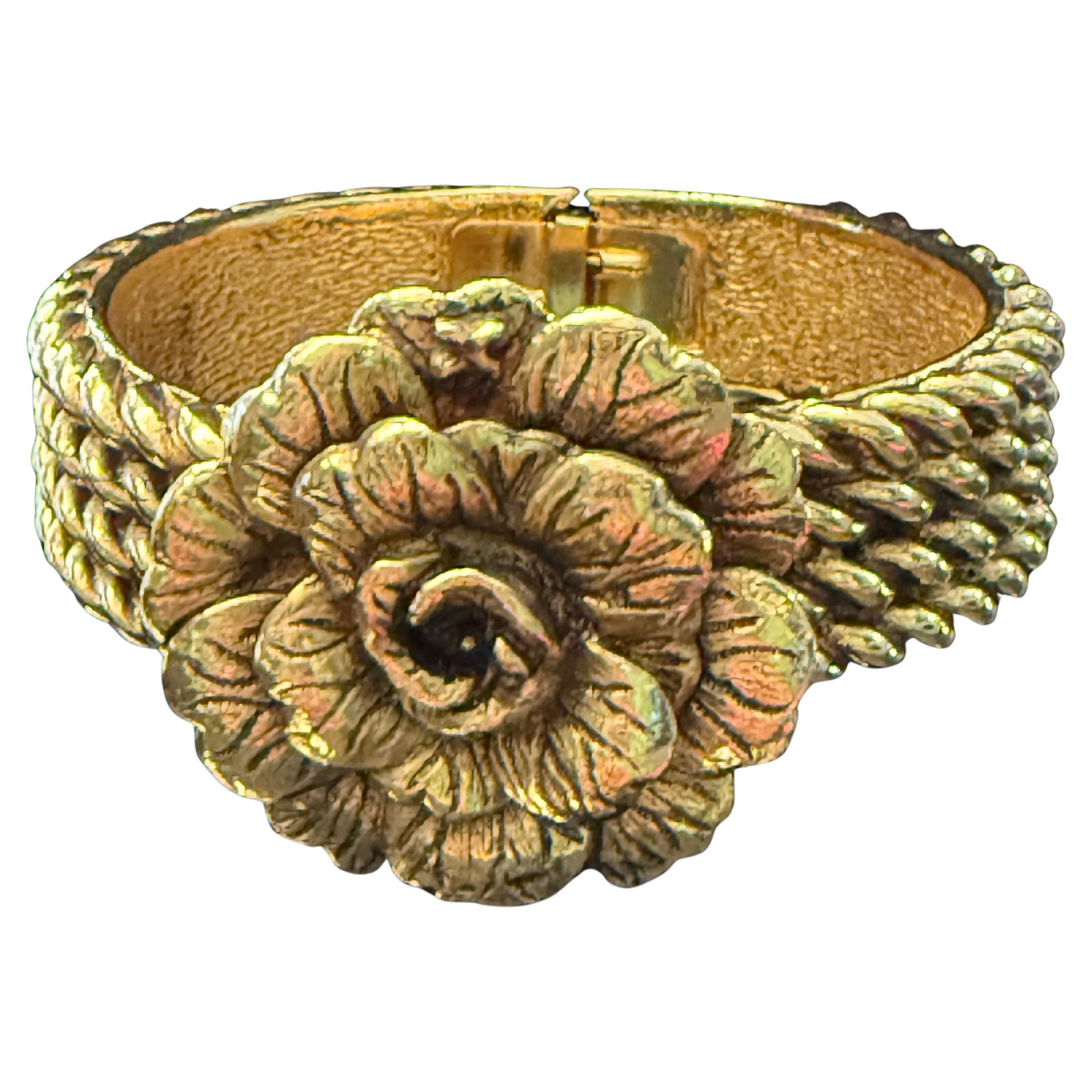 Chanel Vintage Hinged Camellia flower bracelet with safety chain 6.25" For Sale