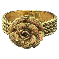 Chanel Vintage Hinged Camellia flower bracelet with safety chain 6.25"