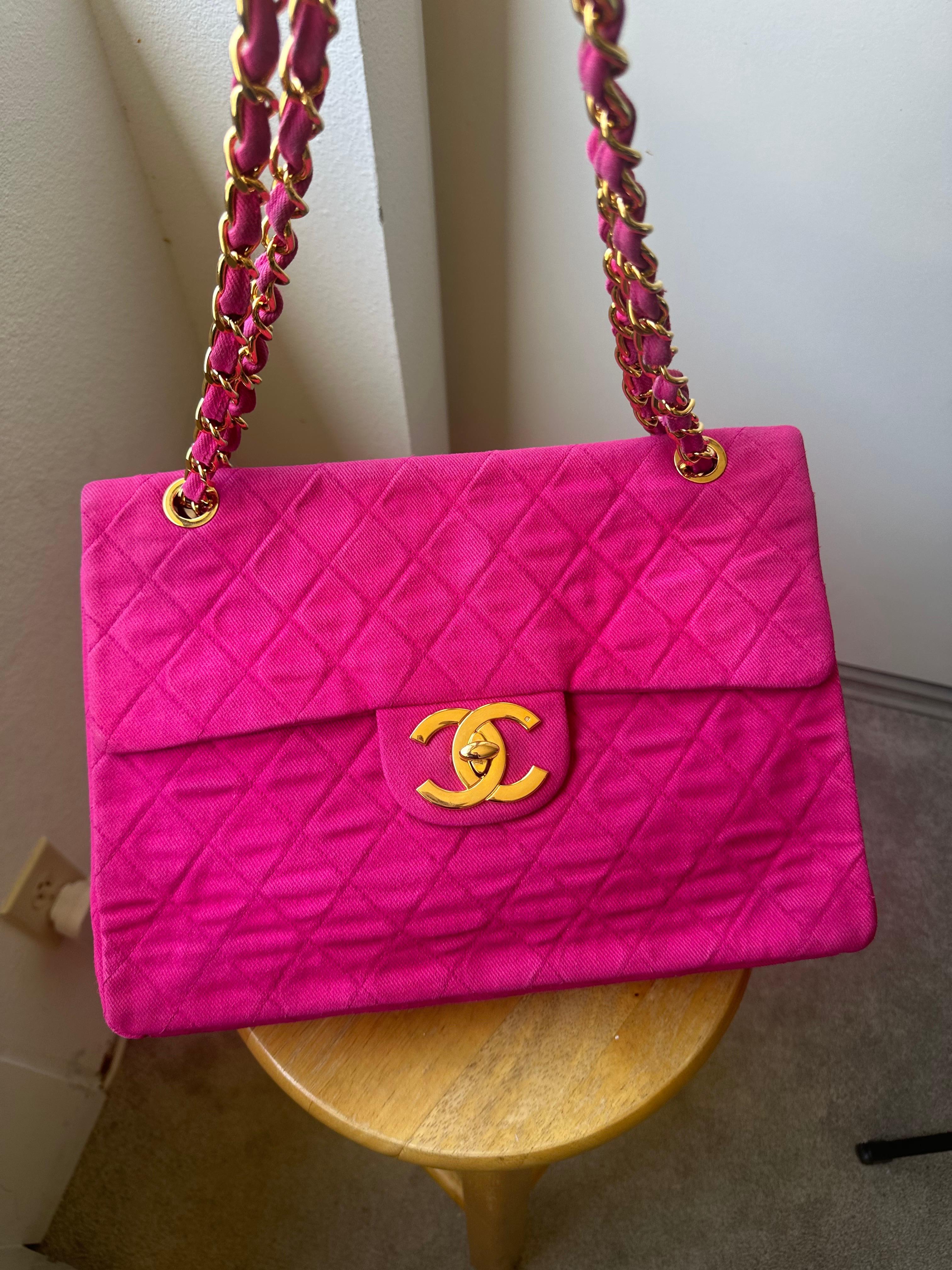 Chanel Vintage Hot Pink Denim Maxi In Fair Condition For Sale In Honolulu, HI