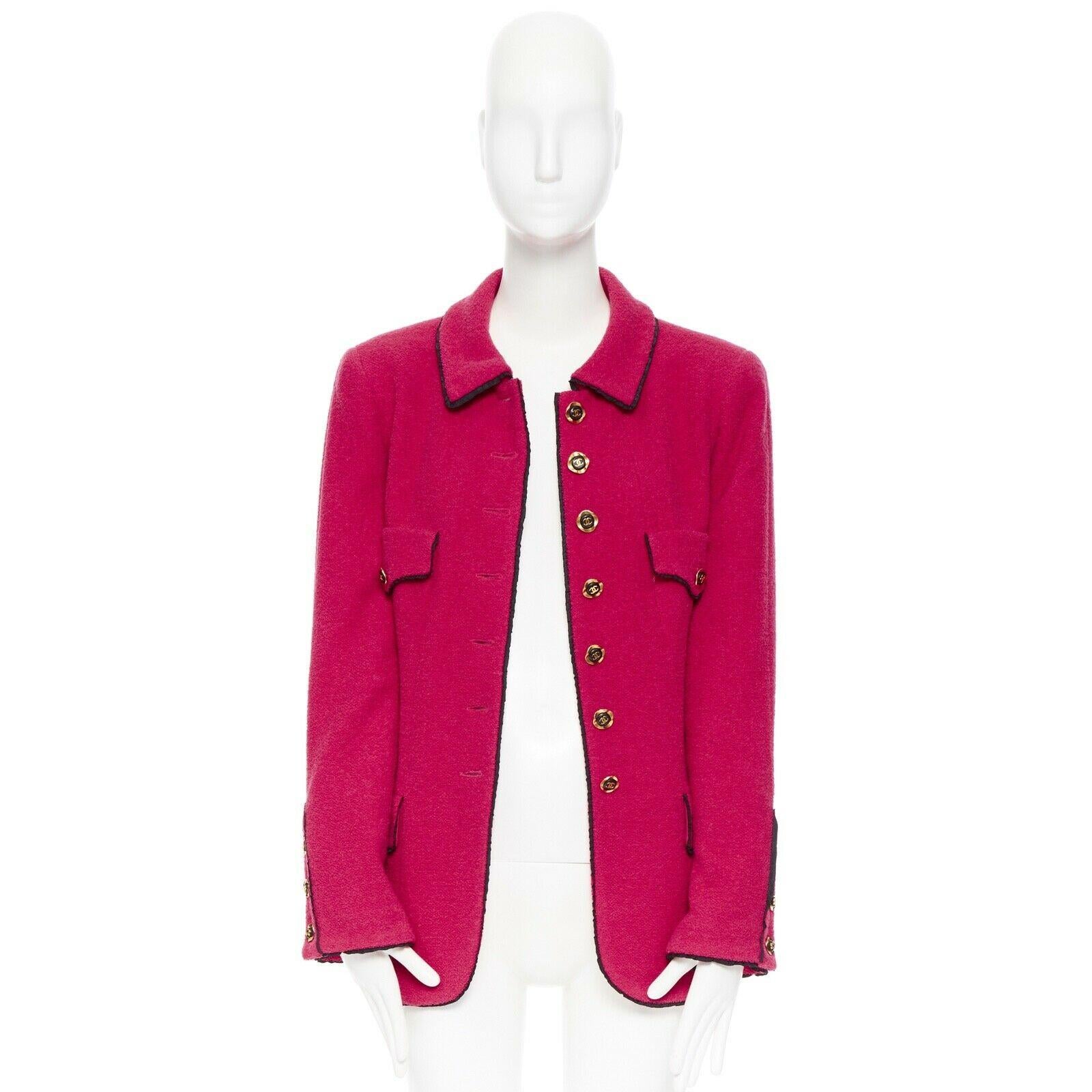 pink blazer with black trim