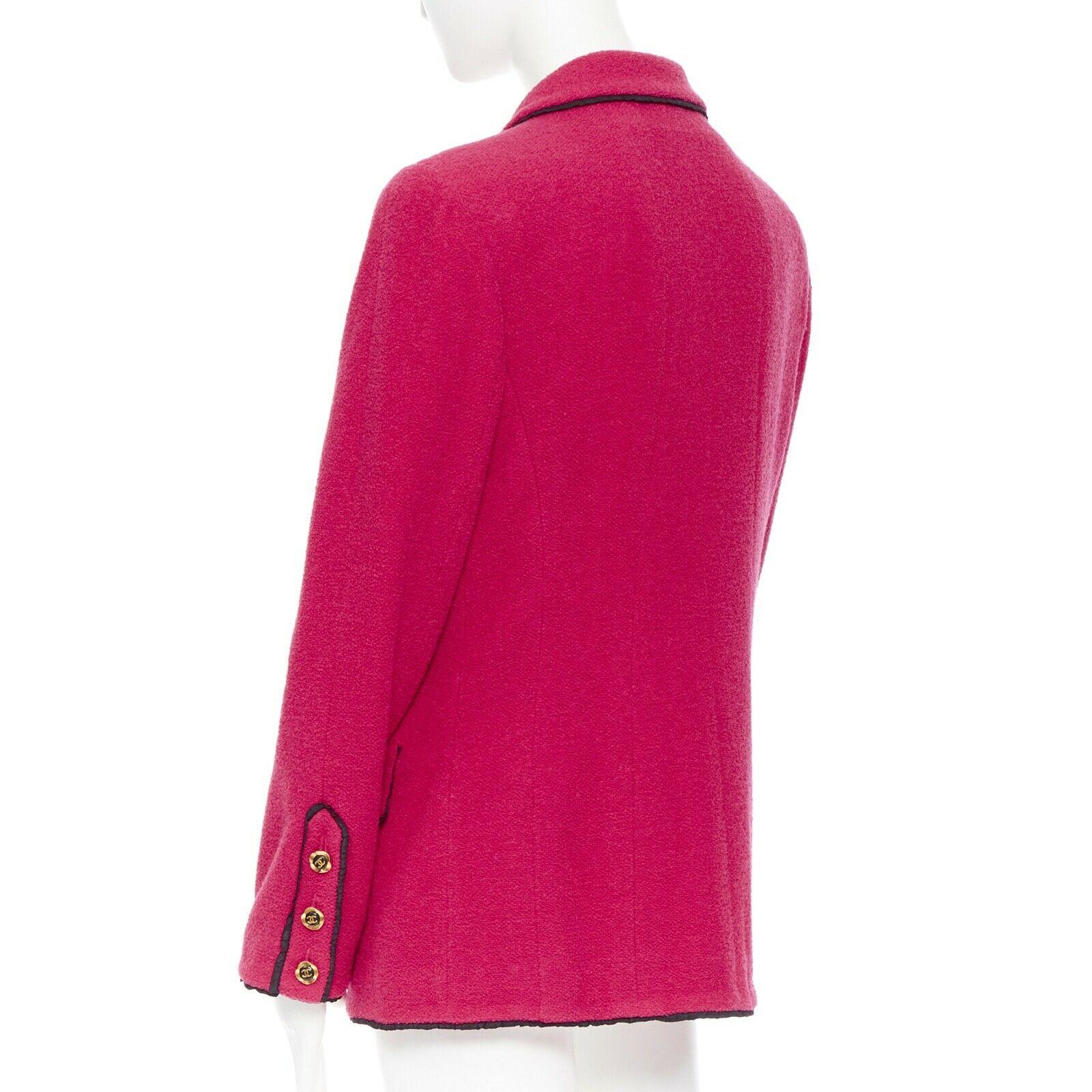 Red CHANEL vintage hot pink wool boucle black trim 4-pocket gold button-up jacket
