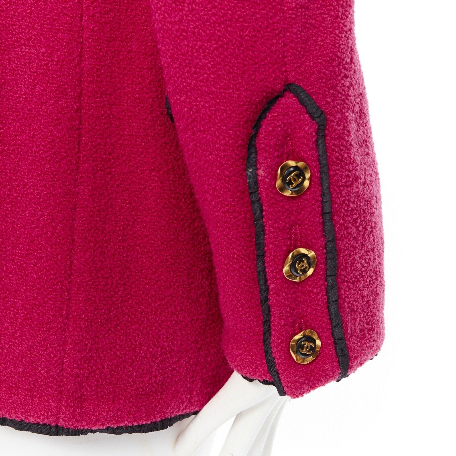 Women's CHANEL vintage hot pink wool boucle black trim 4-pocket gold button-up jacket