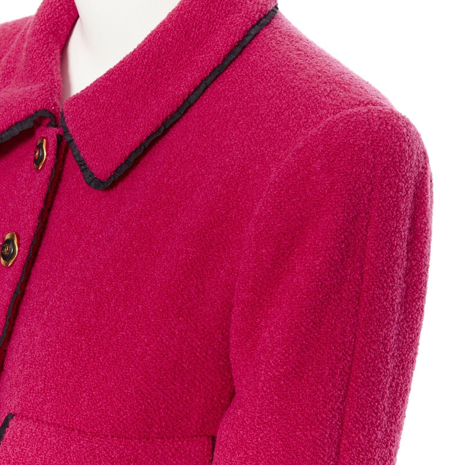 CHANEL vintage hot pink wool boucle black trim 4-pocket gold button-up jacket 1