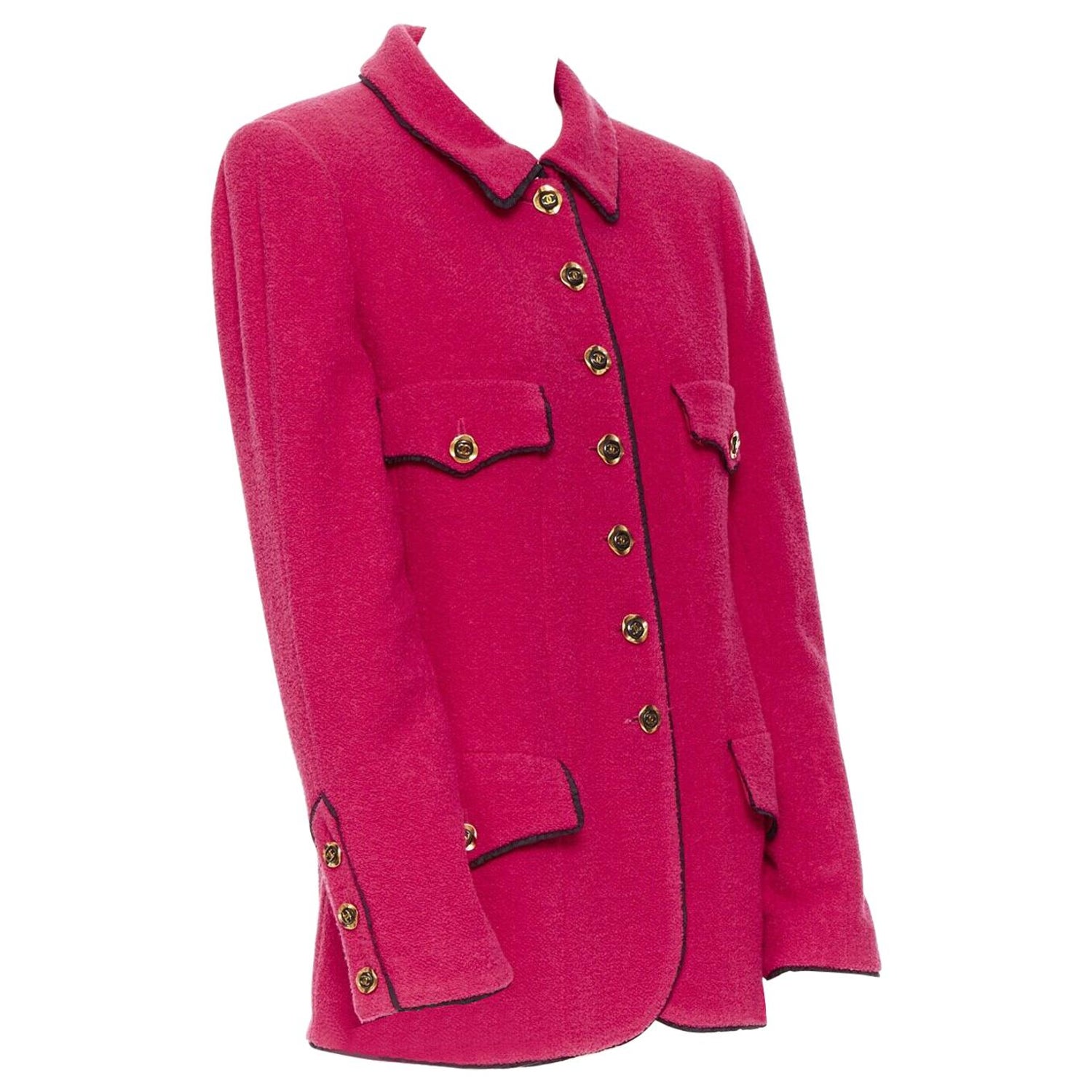 CHANEL vintage hot pink wool boucle black trim 4-pocket gold button-up  jacket at 1stDibs