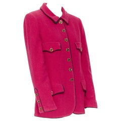 CHANEL Vintage Hot Pink Wolle Boucle Schwarzer Besatz 4-Pocket Gold Button-Up Jacke