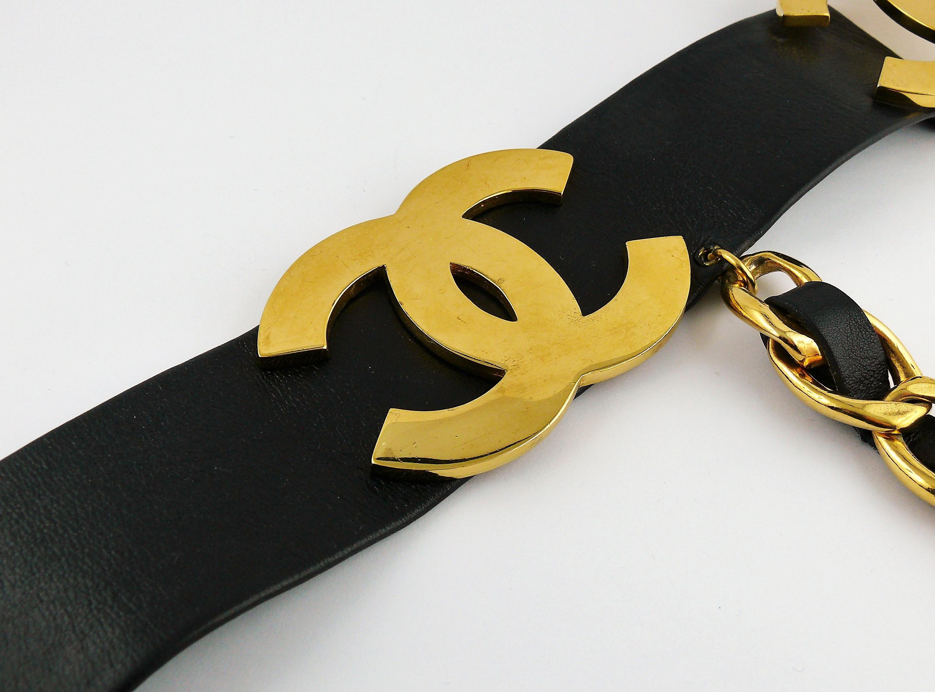 Women's Chanel Vintage Iconic 1994 Black Leather Wide Belt with Large CC Logos