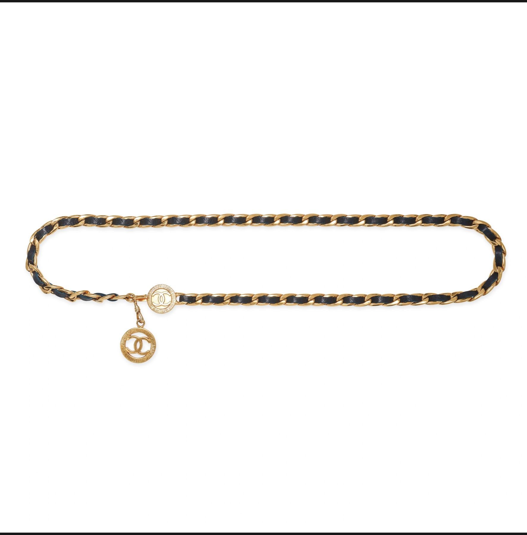 Chanel Vintage Iconic CC Logo Marineblauer Leder ineinander verschlungener Kette Gliederhalskette Gürtel im Angebot 7