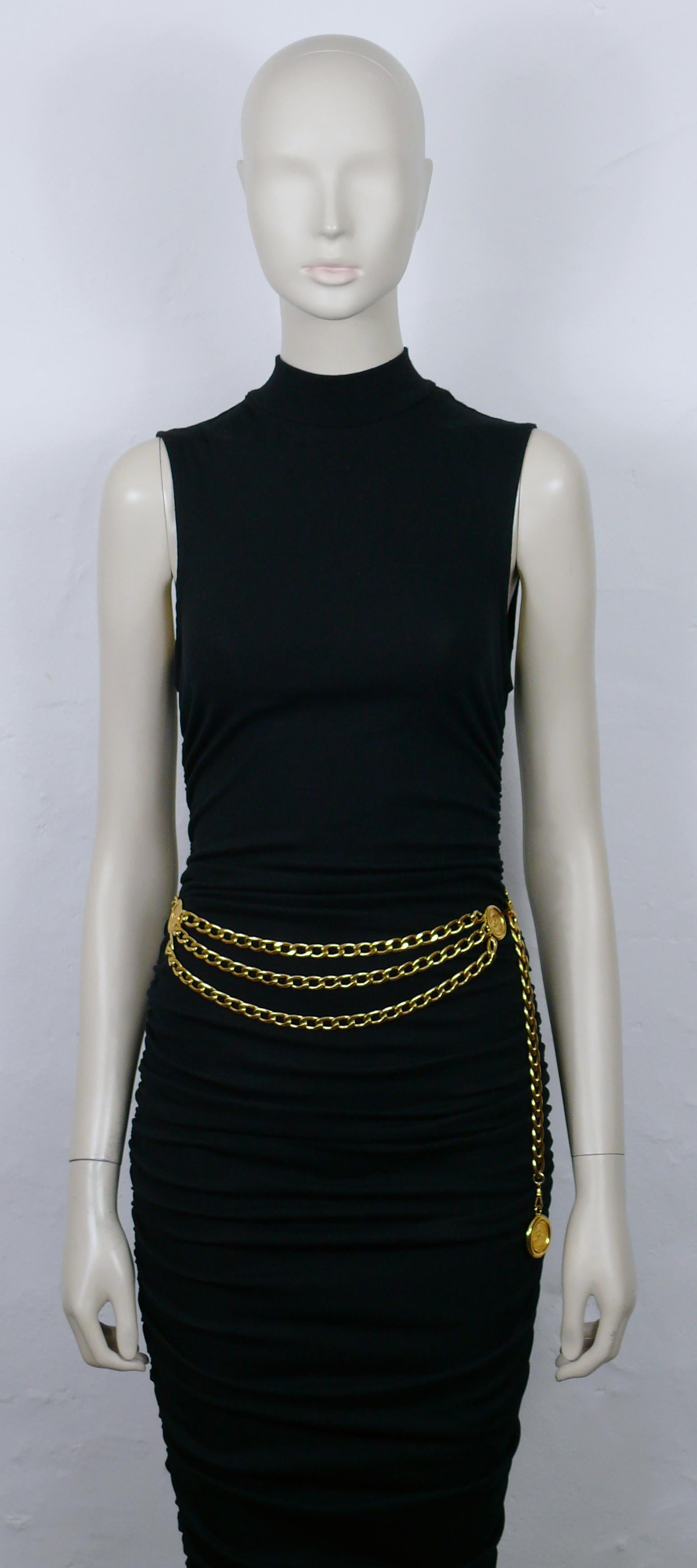 CHANEL by KARL LAGERFELD vintage gold tone chain belt featuring three Chanel 31 Rue Cambon Paris CC coins.

Adjustable hook clasp closure.

Embossed CHANEL.

Indicative measurements : max. length approx. 88 cm (34.65 inches) / link width approx. 1