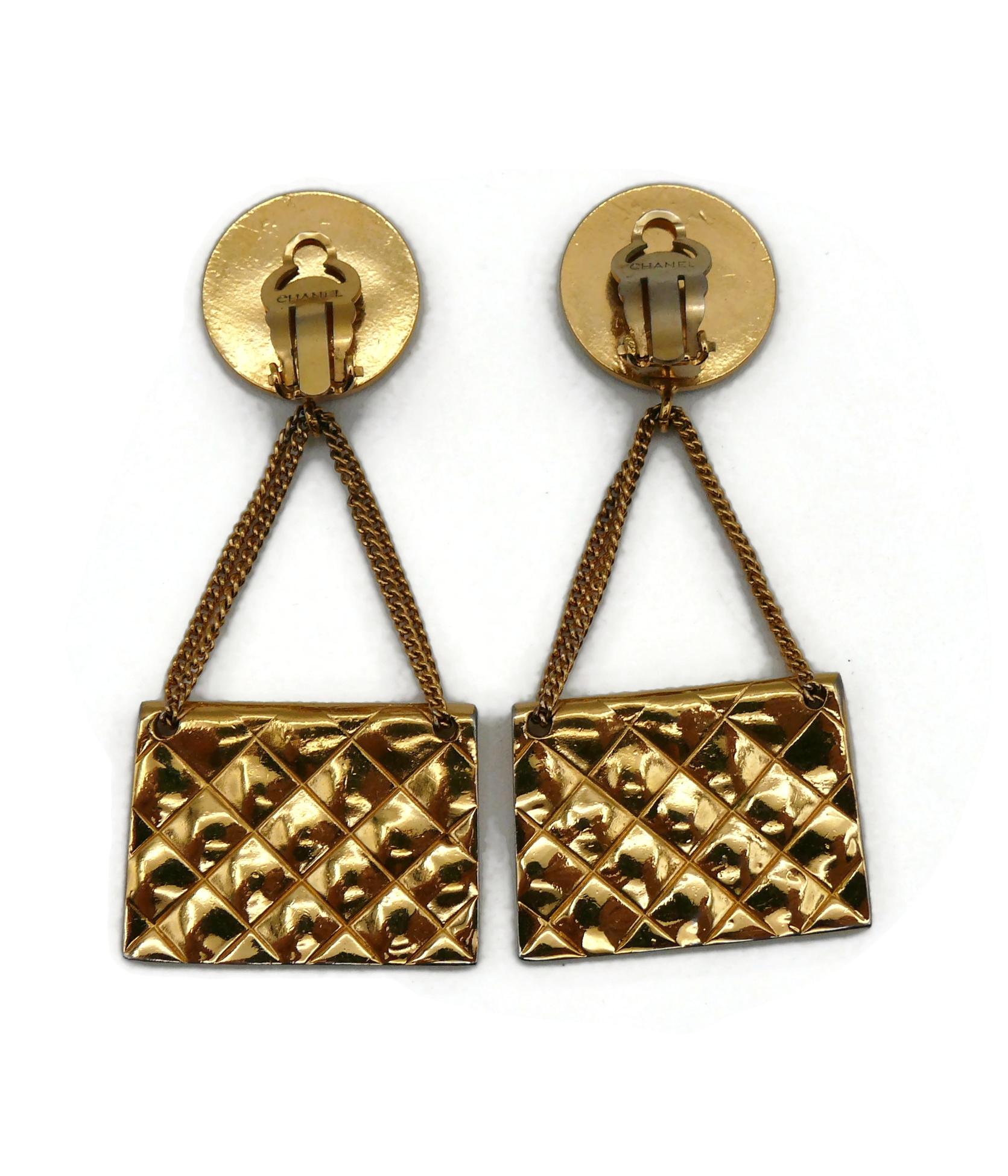 CHANEL Vintage Iconic Gold Tone Quilted Flap Bag Dangling Earrings For Sale 6