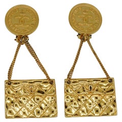 CHANEL Vintage Iconic Gold Tone Quilted Flap Bag Dangling Earrings