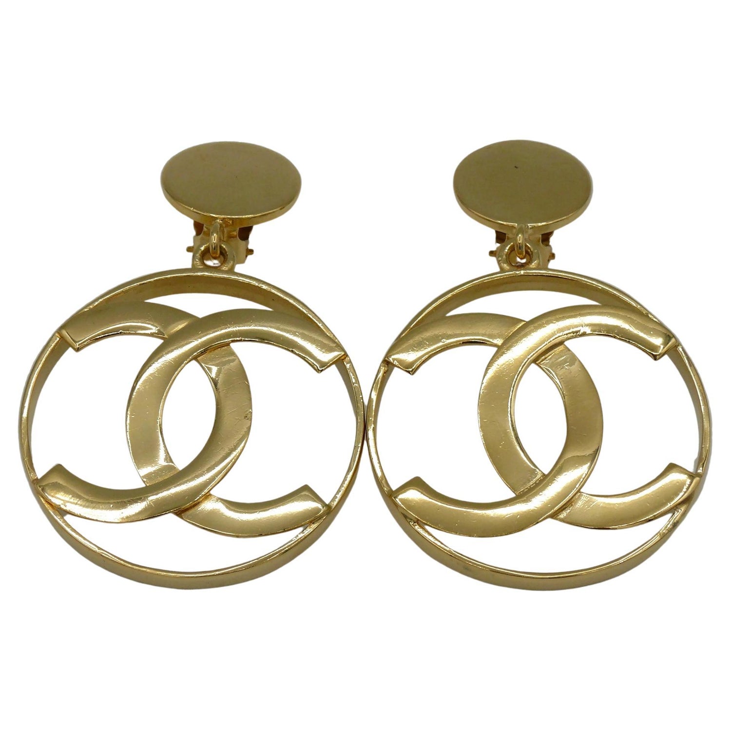 Chanel Gold Tone Large Hoop CC Logo Two Way Use Clip Earrings