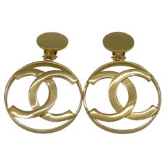 Chanel Vintage Iconic Gold Toned CC Logo Hoop Earrings 