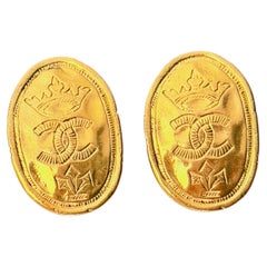 Chanel Vintage Iconic Gold Victoire de Castellane Crown Crest CC Oval Earrings