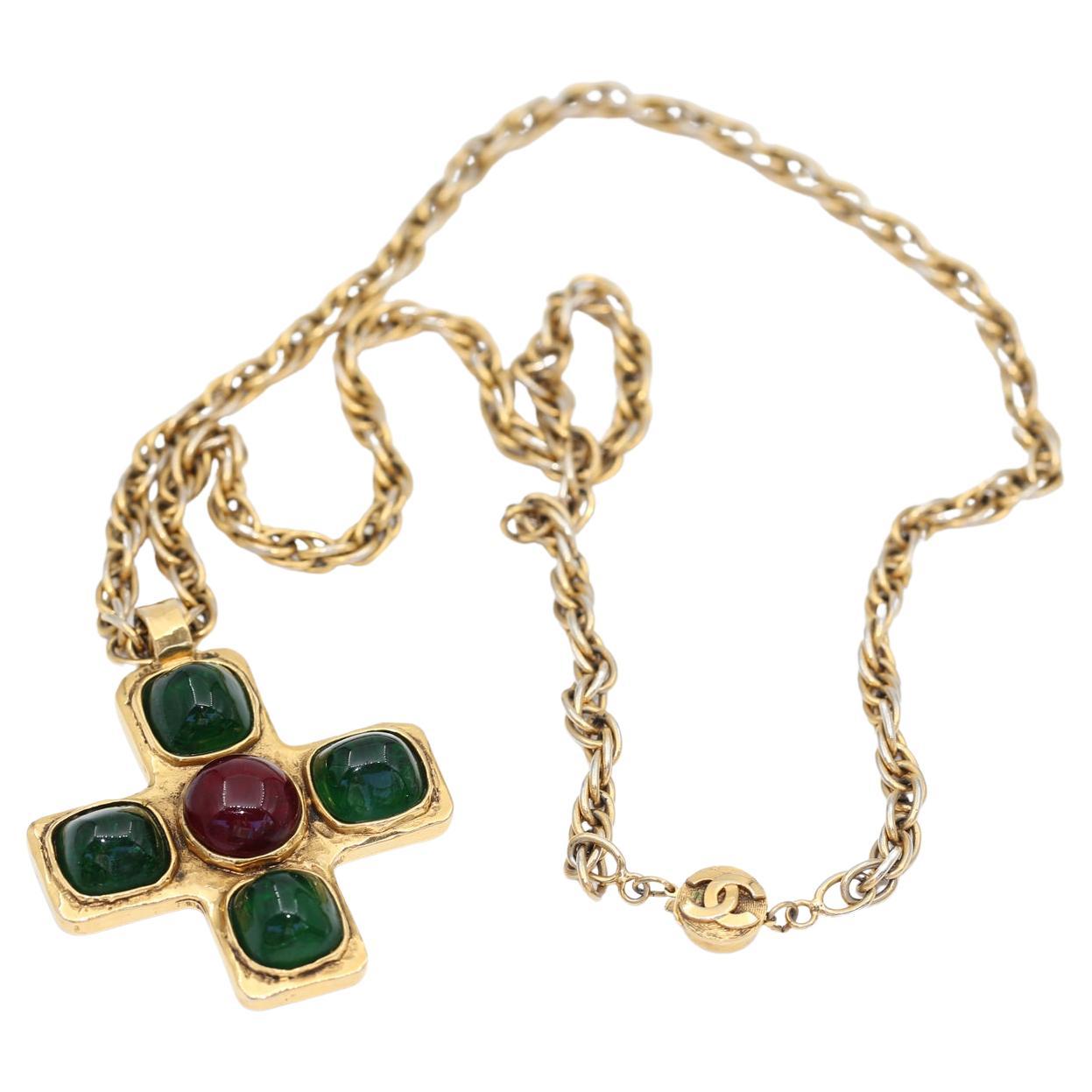 Chanel Vintage Iconic Gripoix Cross Pendant Stamped, 1970 For Sale