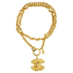Chanel Vintage Iconic Logo CC Coco Pendant Matelassé Quilted Gold Long Necklace
