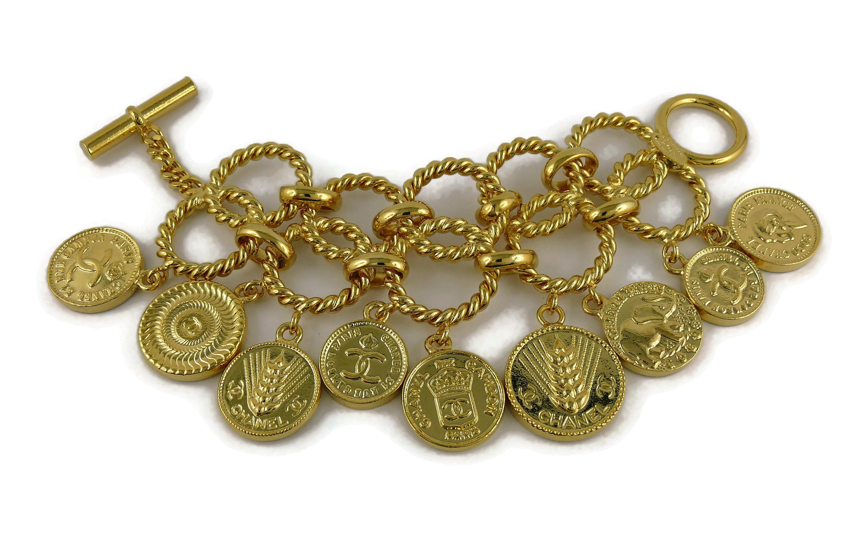 Chanel Vintage Iconic Logo Coin Medallion Charm Hoop Chain Cuff Bracelet  4