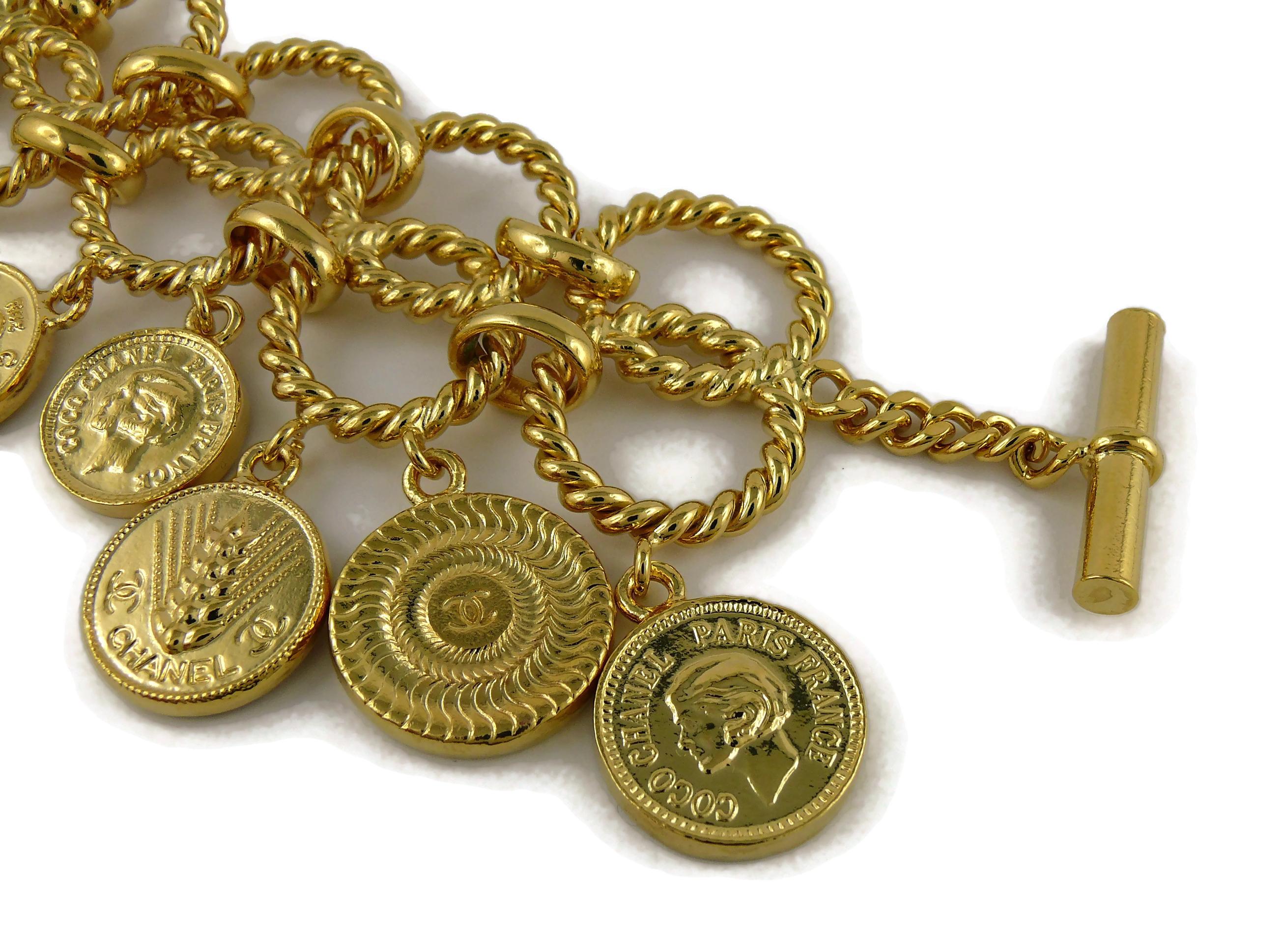 Women's Chanel Vintage Iconic Logo Coin Medallion Charm Hoop Chain Cuff Bracelet 