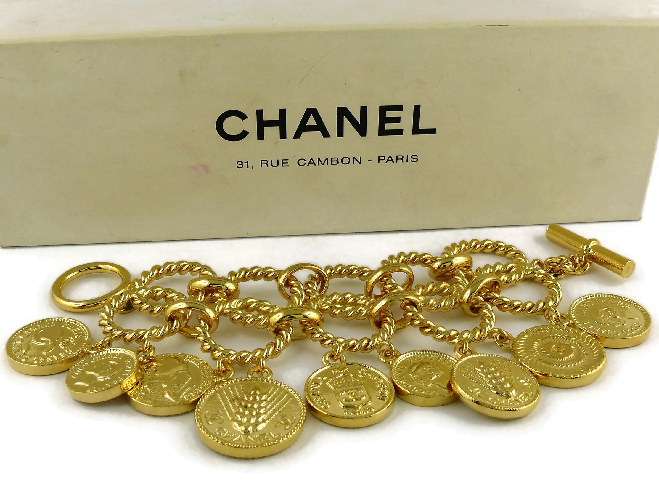 Chanel Vintage Iconic Logo Coin Medallion Charm Hoop Chain Cuff Bracelet  1