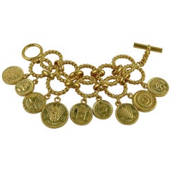 Chanel Vintage Iconic Logo Coin Medallion Charm Hoop Chain Cuff Bracelet