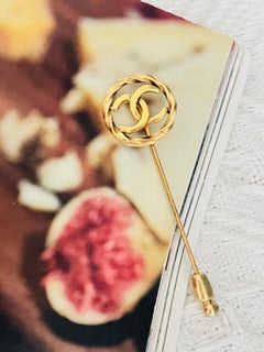 Chanel Vintage Iconic Unisex Coco CC Round Circle Openwork Gold Long Pin Brooch