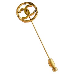Chanel Vintage Iconic Unisex Coco CC Round Circle Openwork Gold Long Pin Brooch