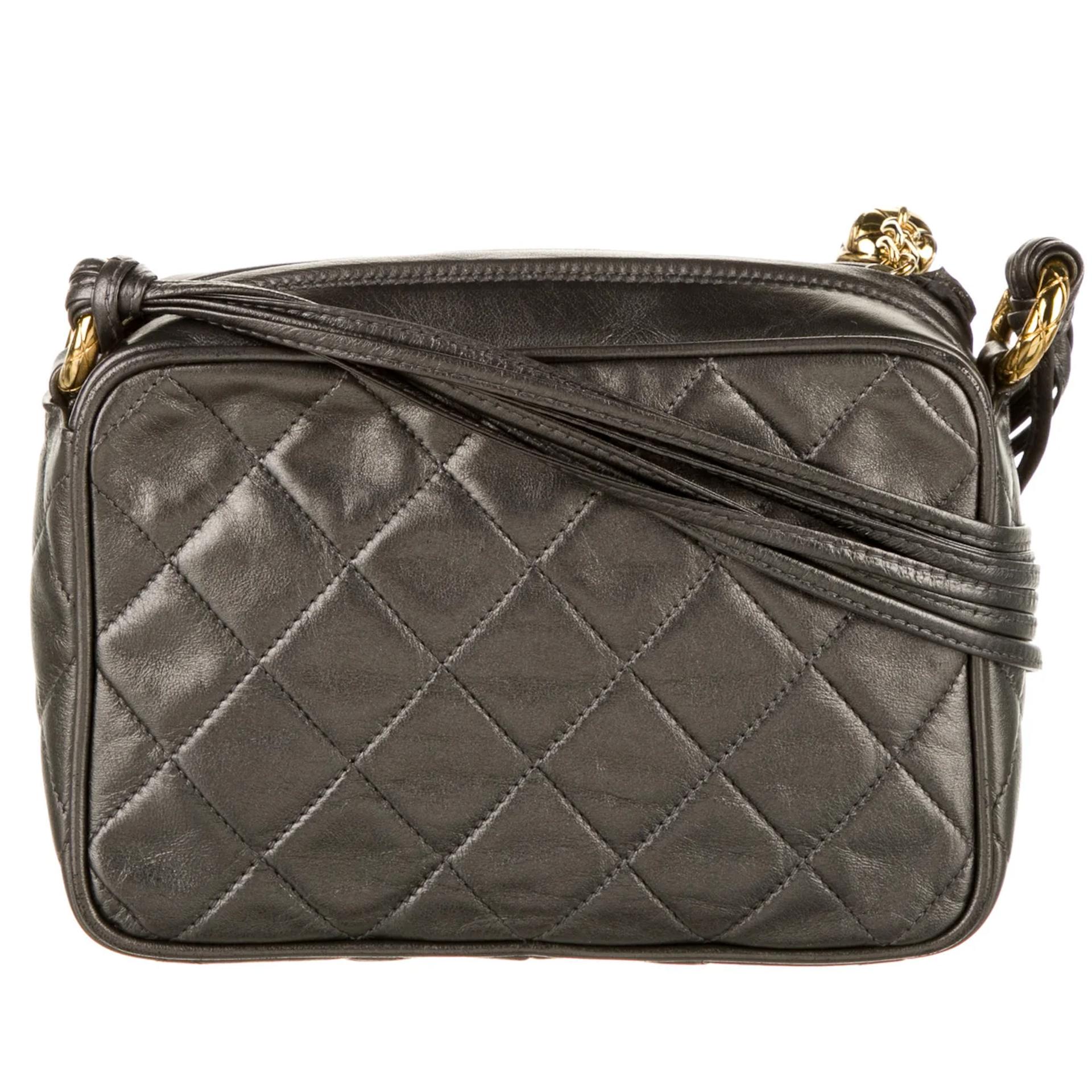Gray Chanel Vintage Iridescent Grey Diamond Quilted Tassel Camera Tote For Sale