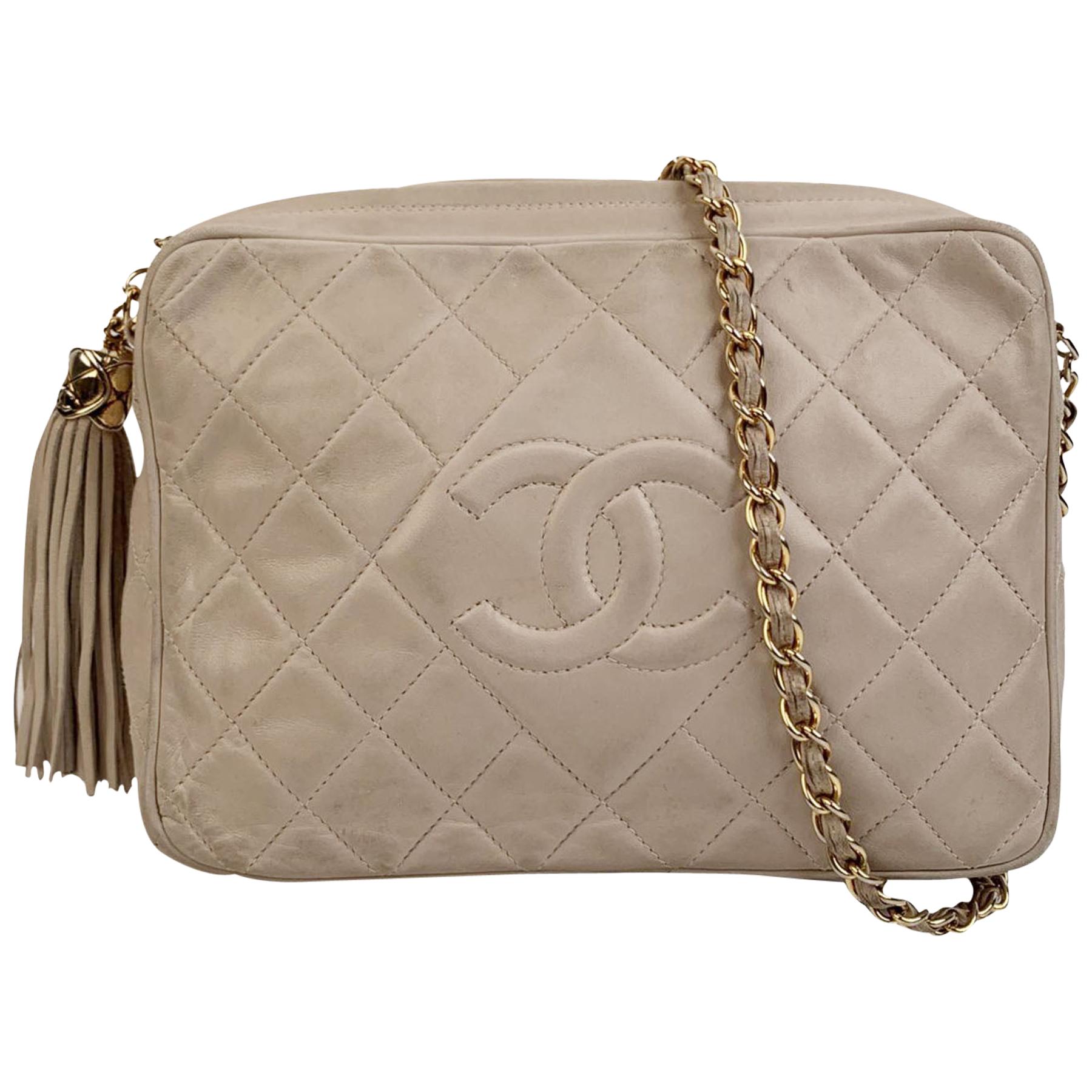 Chanel Vintage Ivory Quilted Leather CC Logo Camera Bag with Tassel