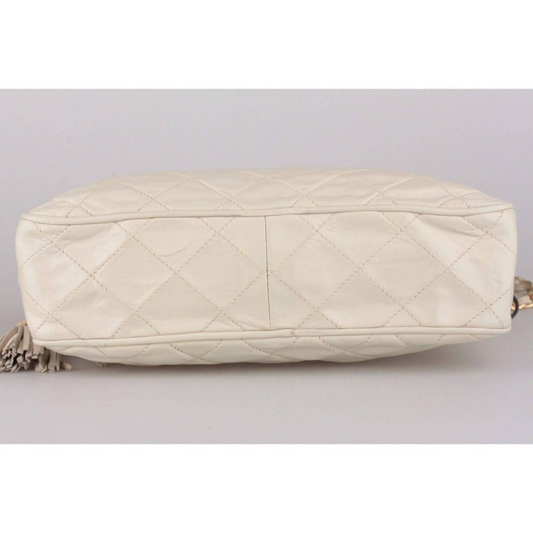 CHANEL Vintage Ivory QUILTED Leather CC Stitch CAMERA BAG w/ Tassel