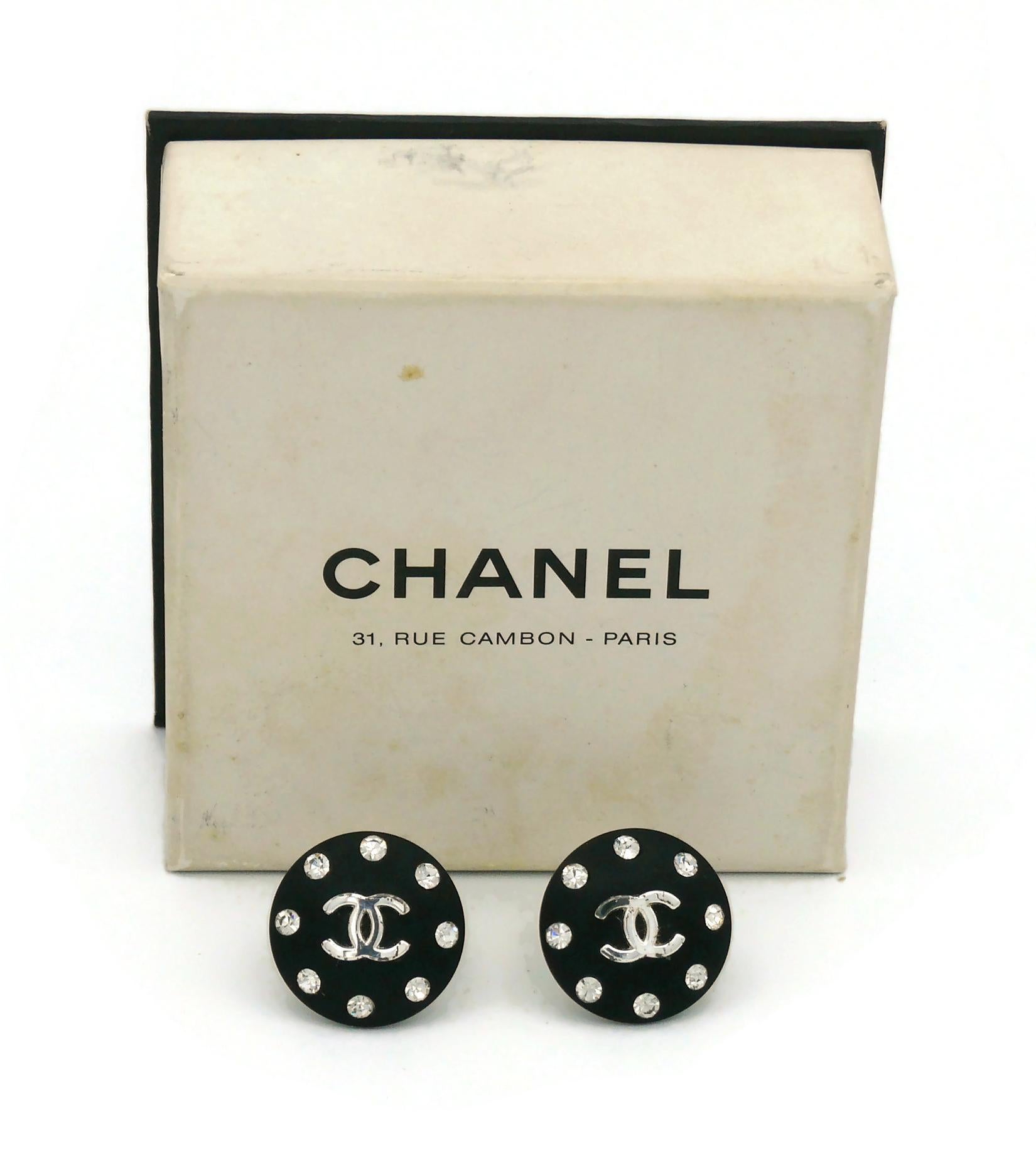 Chanel Vintage Jewelled CC Black Resin Clip On Earrings, 1996 For Sale 1